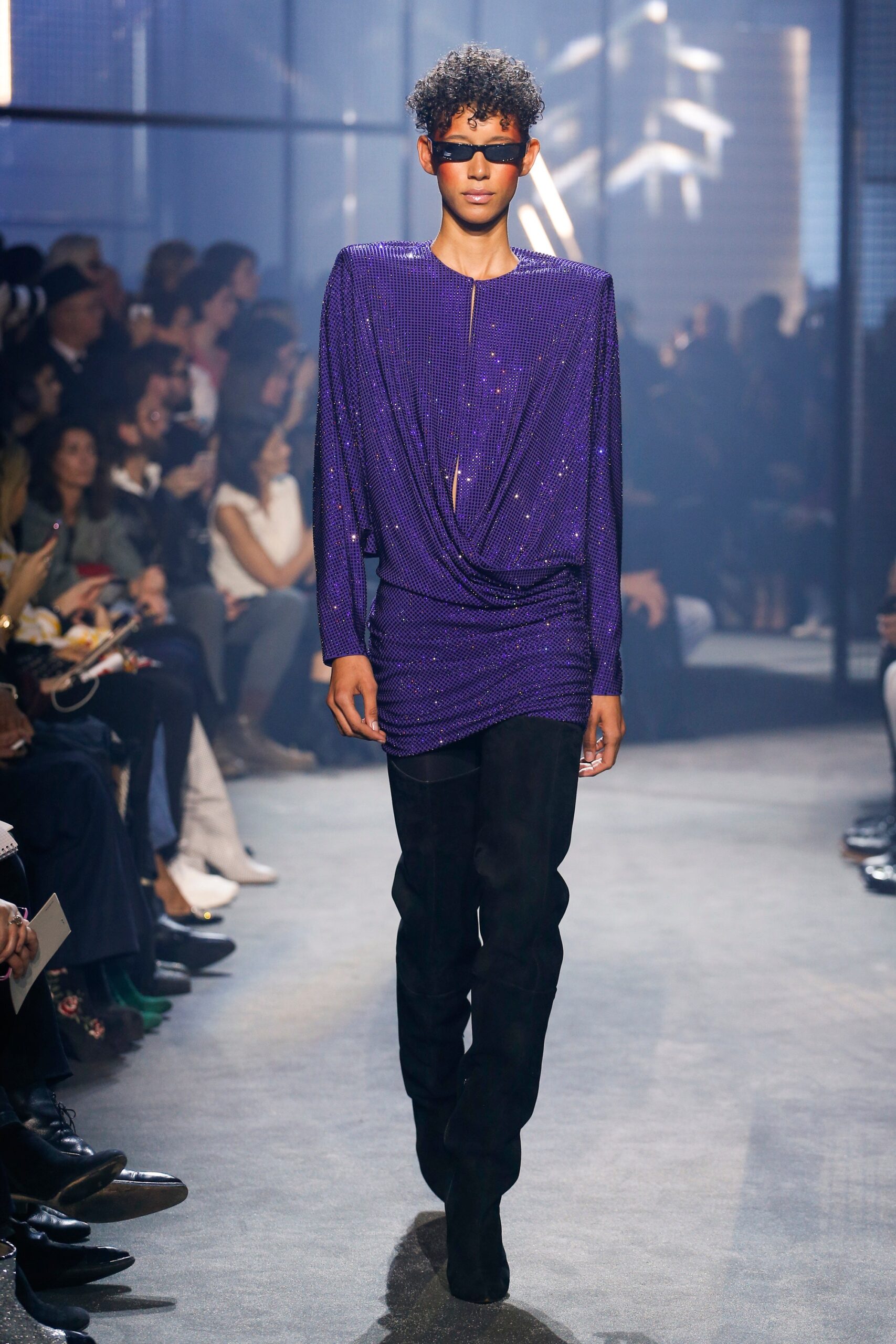 purple silk long-sleeve v-neck fitted draped sequined top