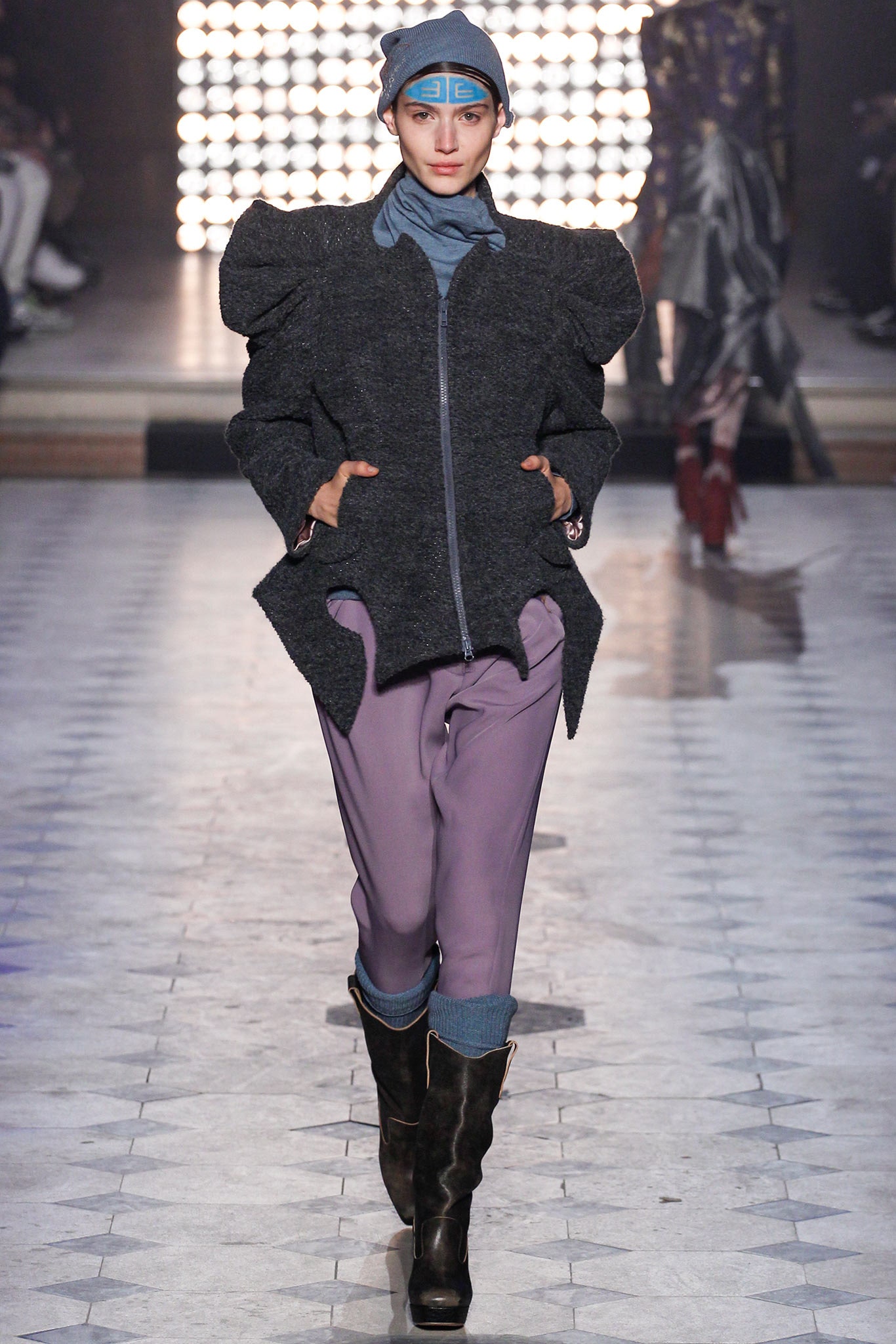 gray structured jacket with purple pants