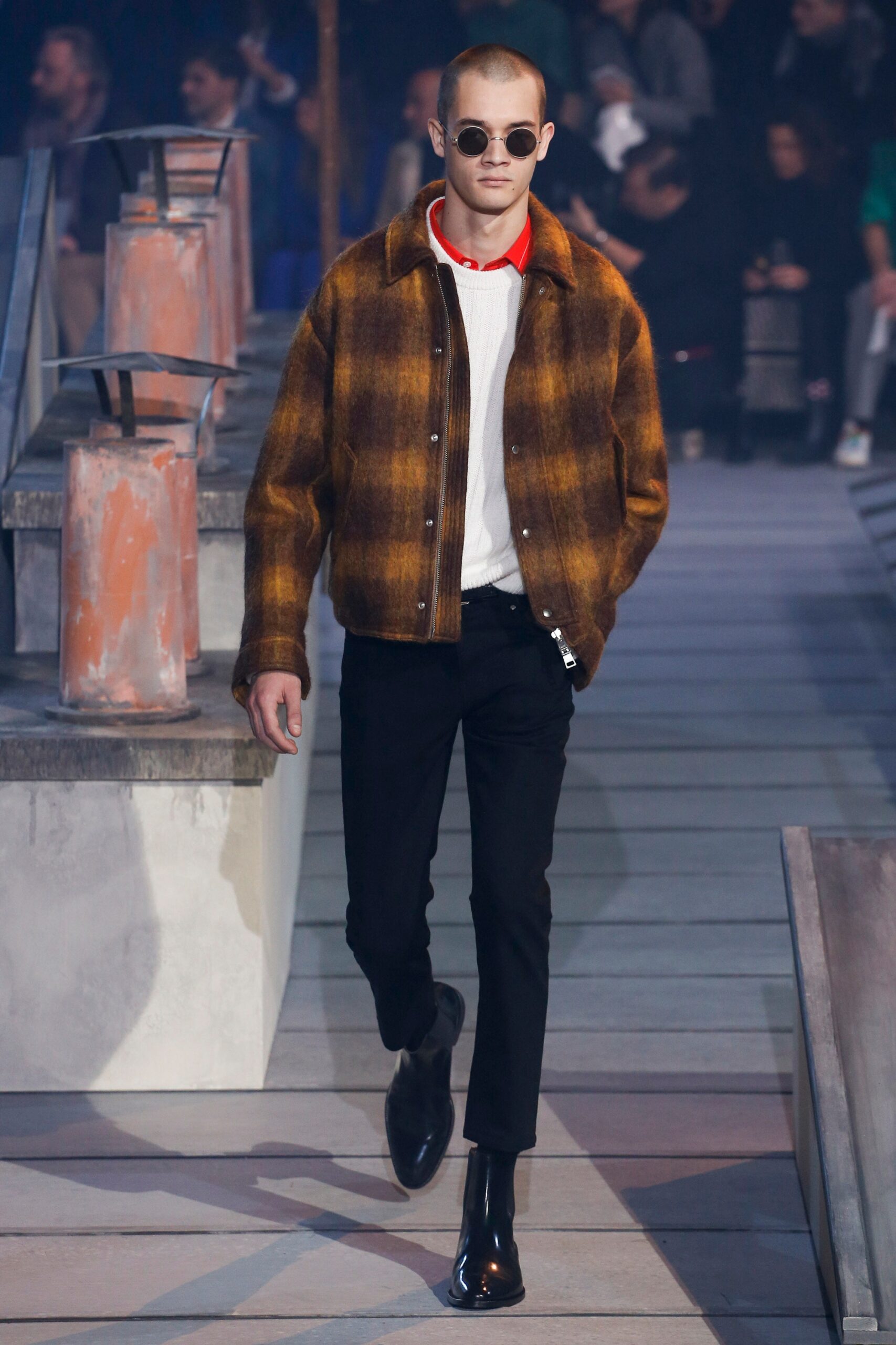 brown checked jacket with black pants