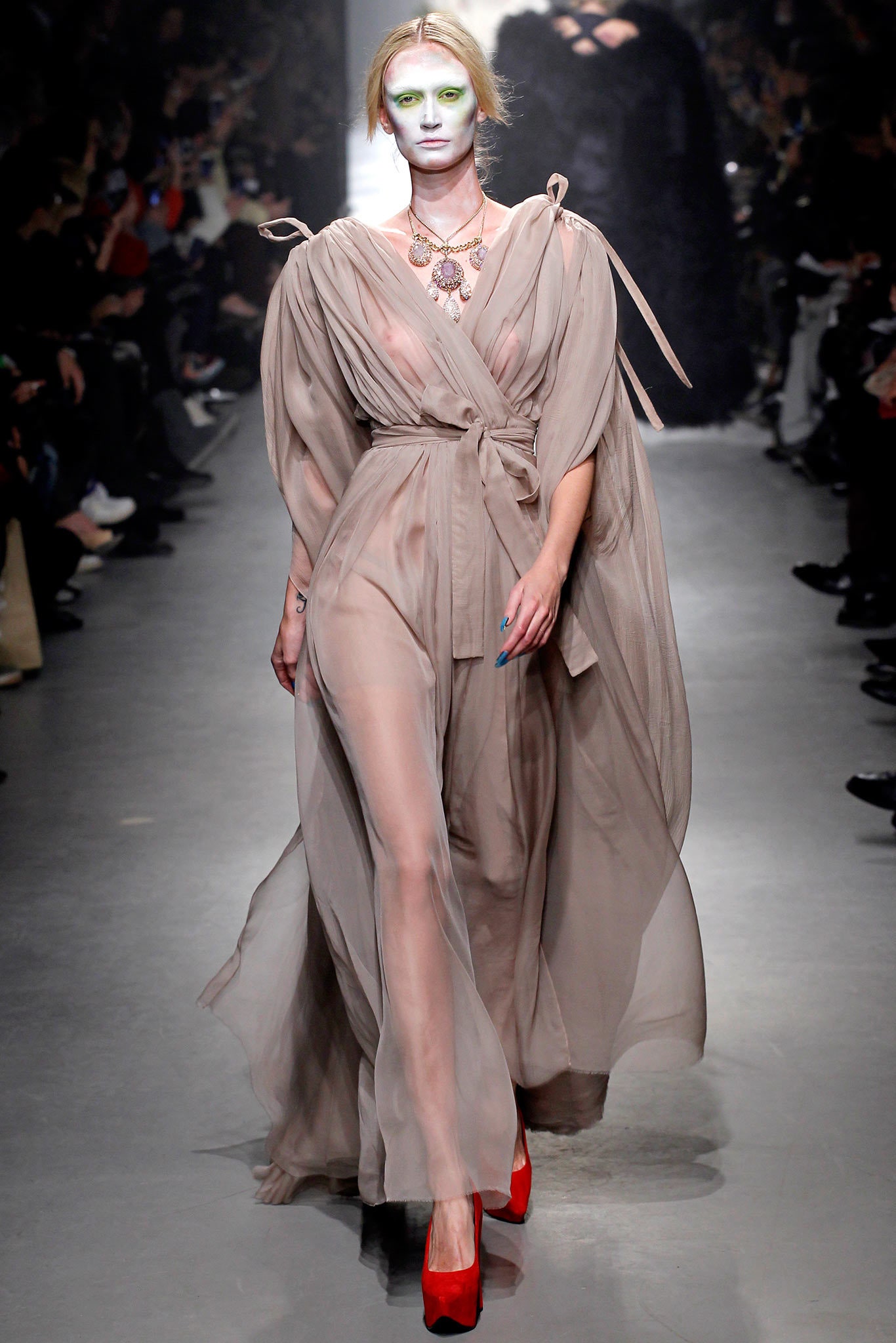 beige chiffon sleeveless v-neck relaxed draped sheer gown