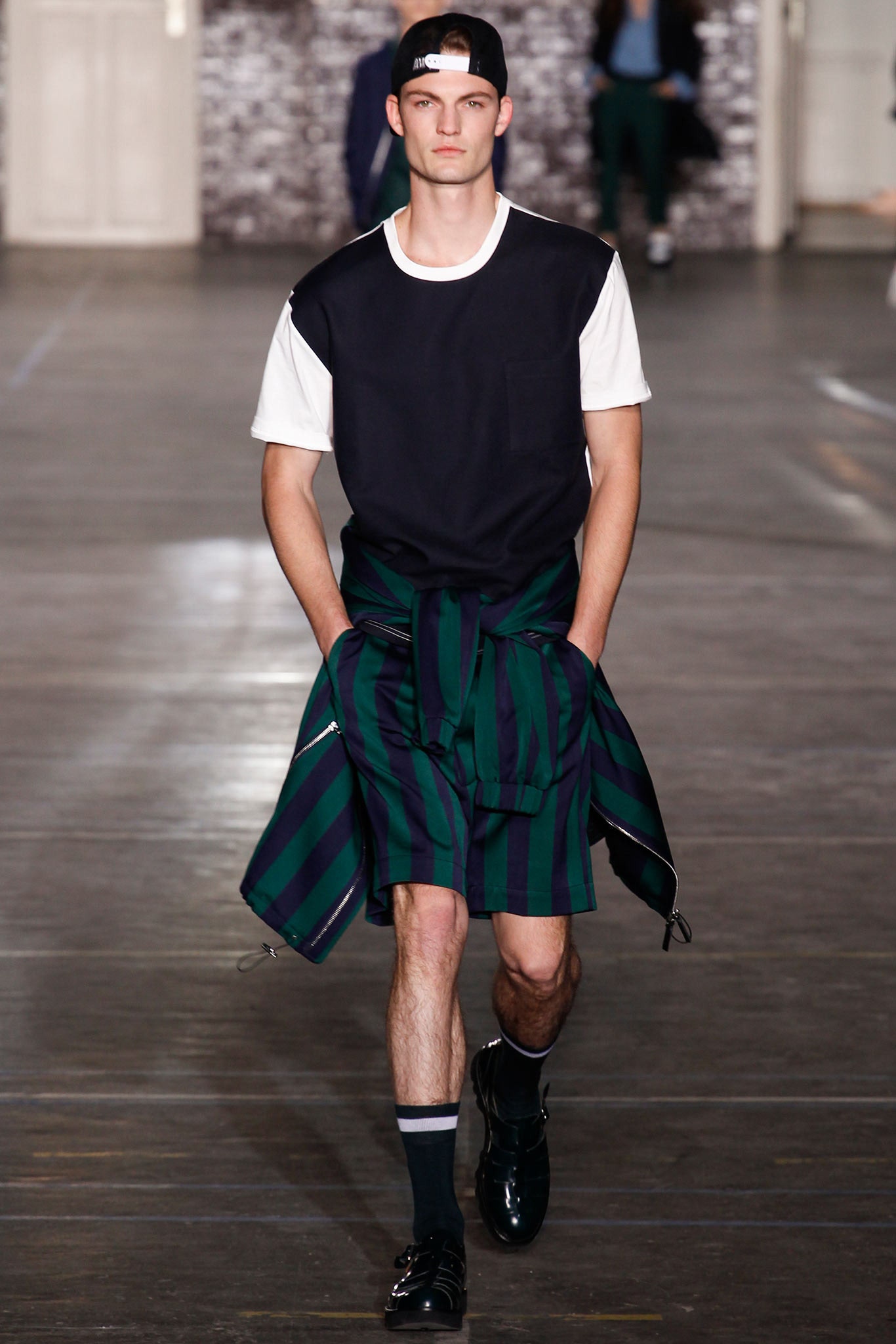 relaxed black and white t-shirt with striped shorts