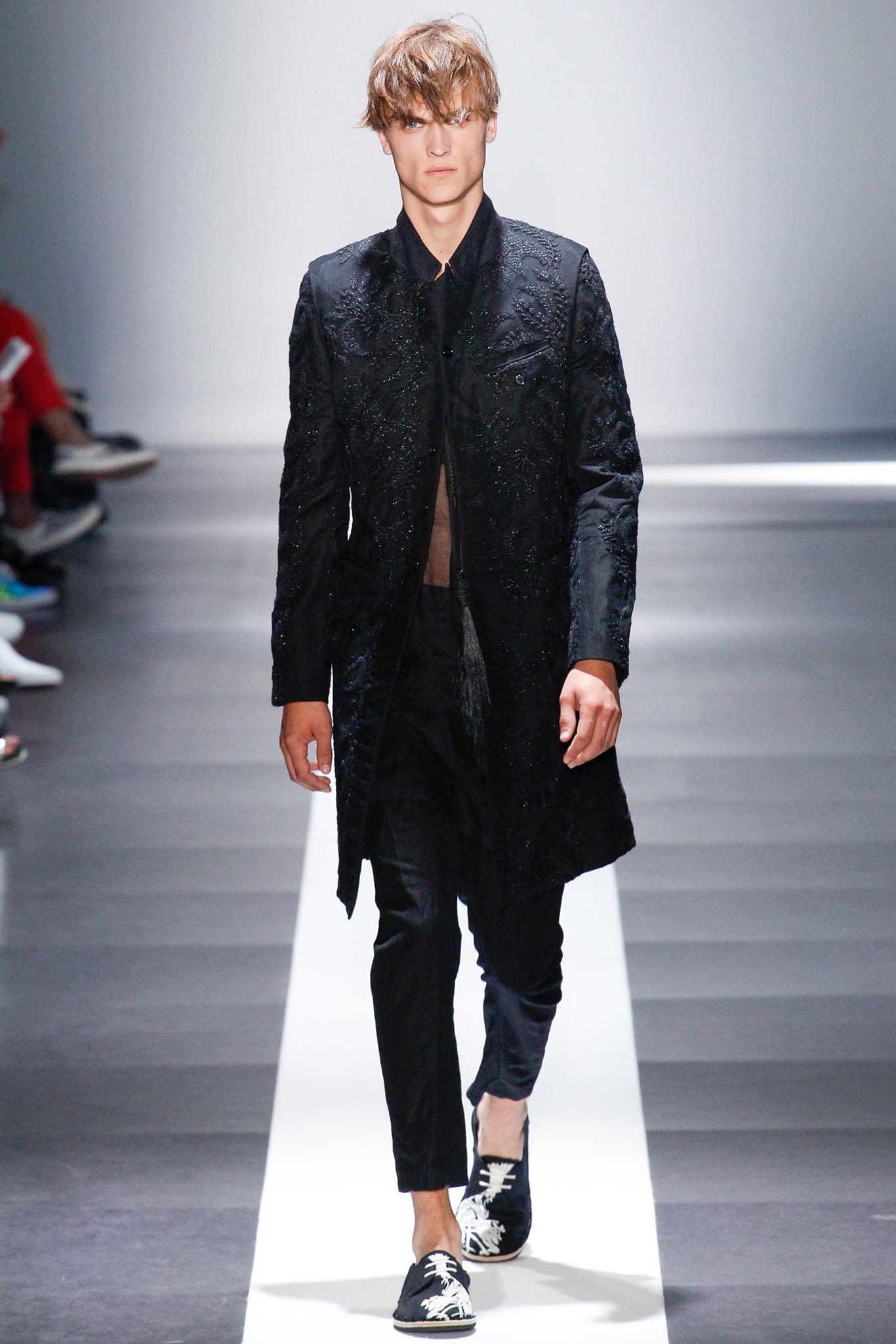 black embroidered coat with slim pants