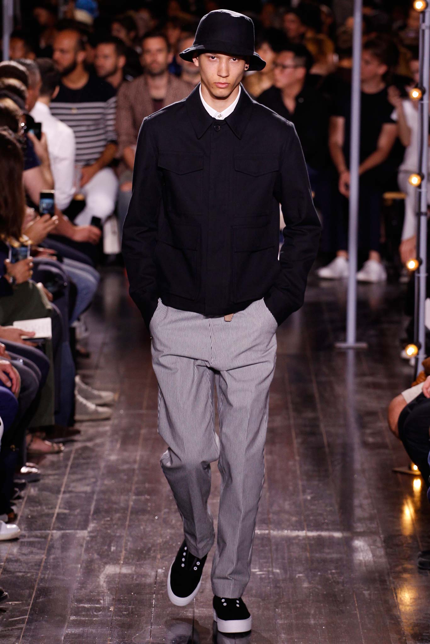 black jacket gray pants outfit