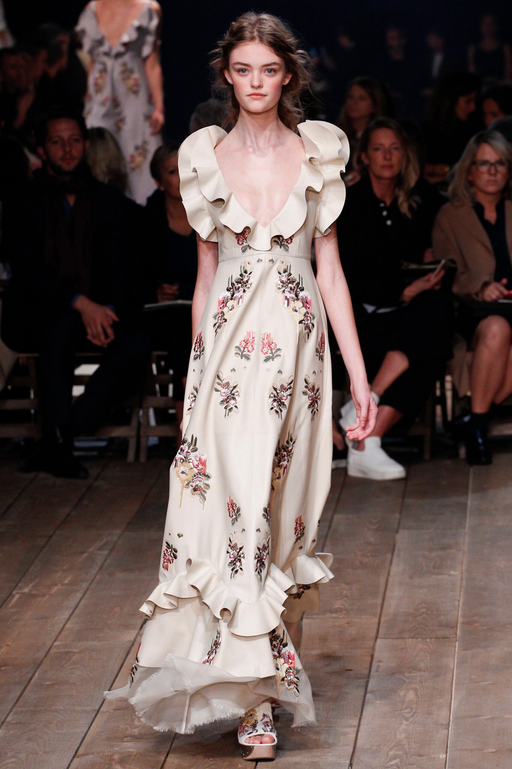 beige silk ruffled maxi dress