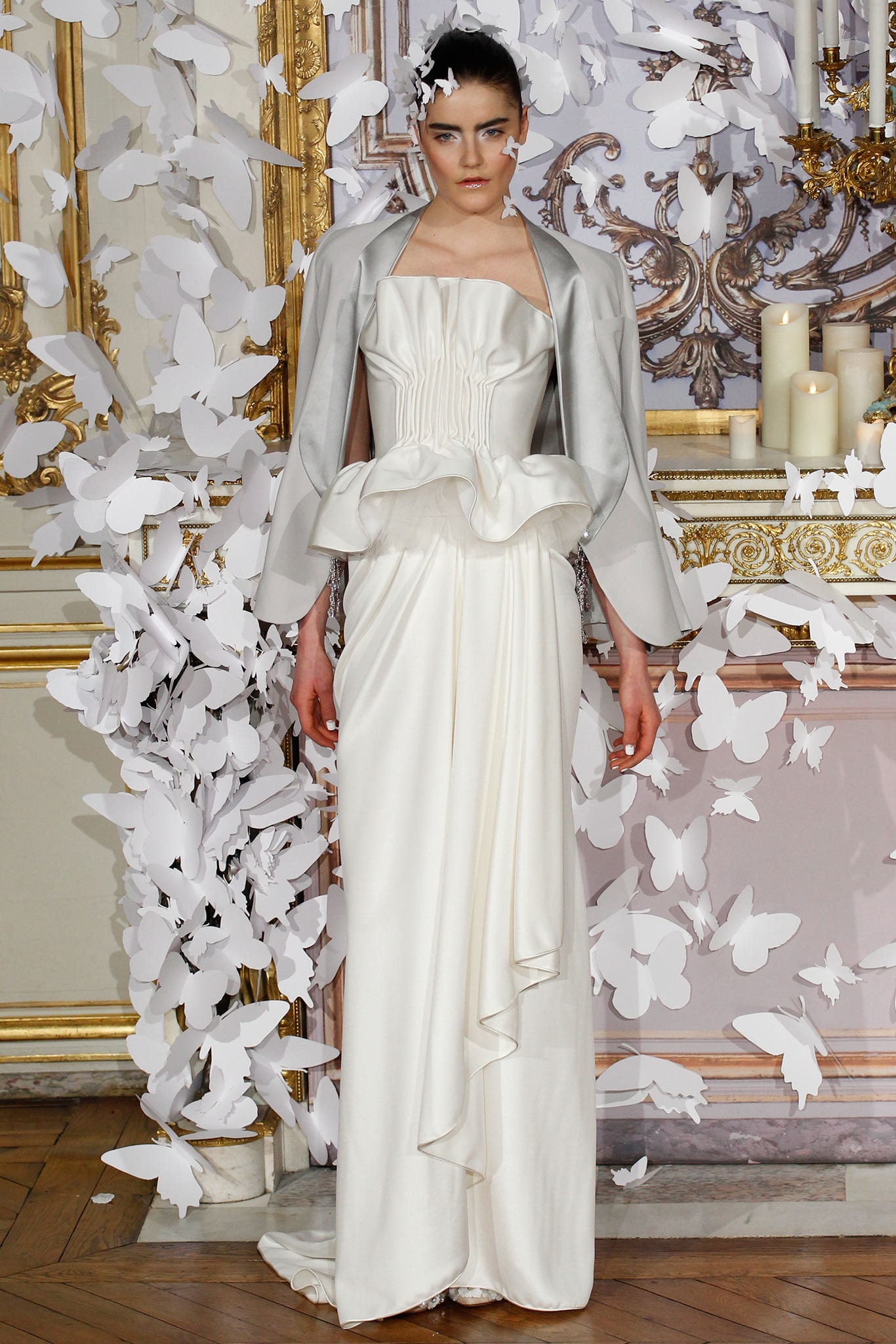 white silk gown with gray jacket