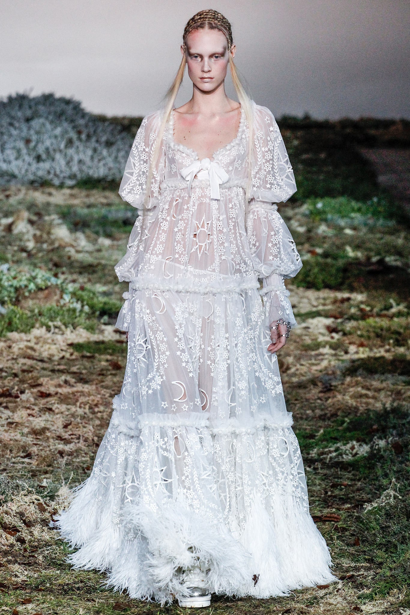 white lace embroidered gown