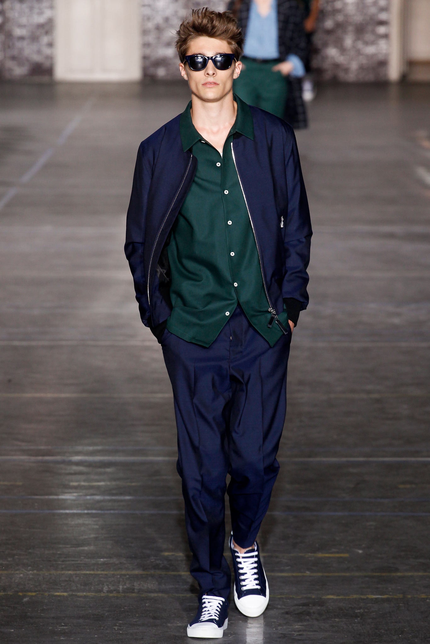 navy jacket green shirt tailored pants
