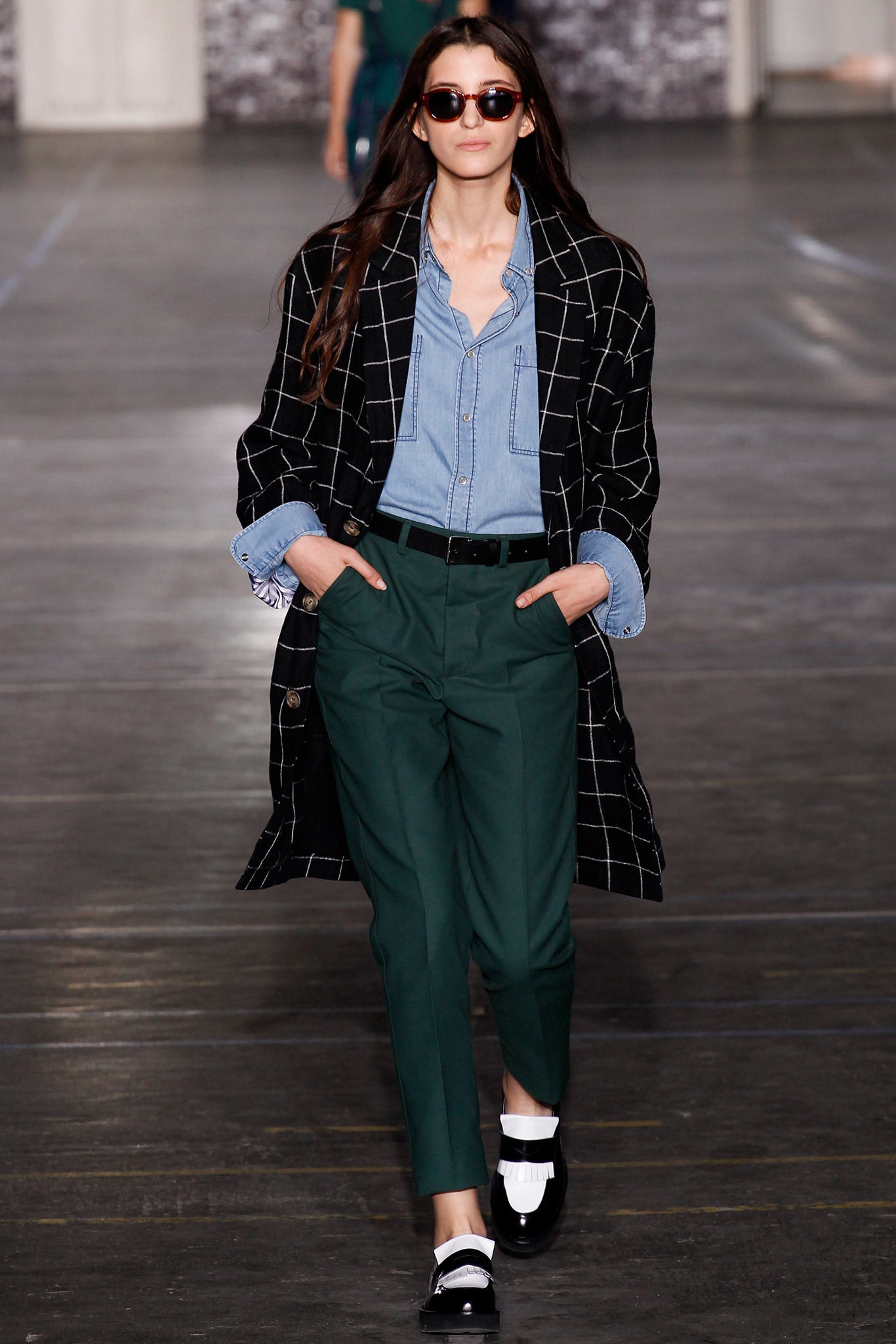 checked coat with blue shirt