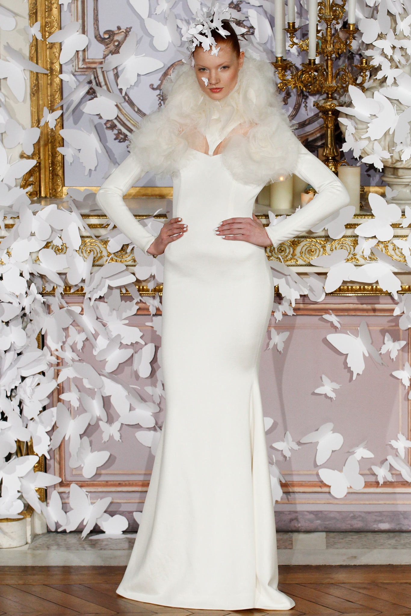 white silk fitted gown with fur cape