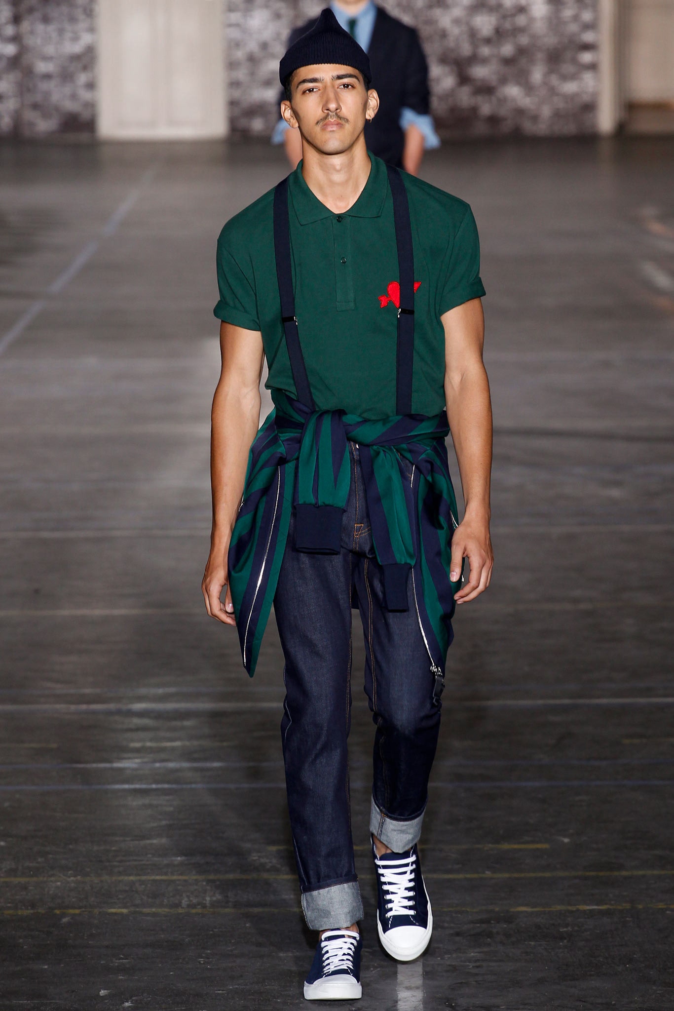 green collared shirt with denim pants