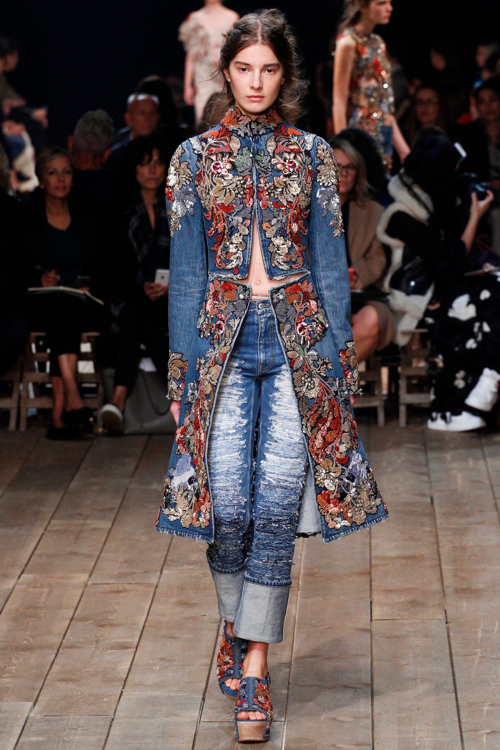 blue denim long-sleeve collared fitted embroidered layered coat