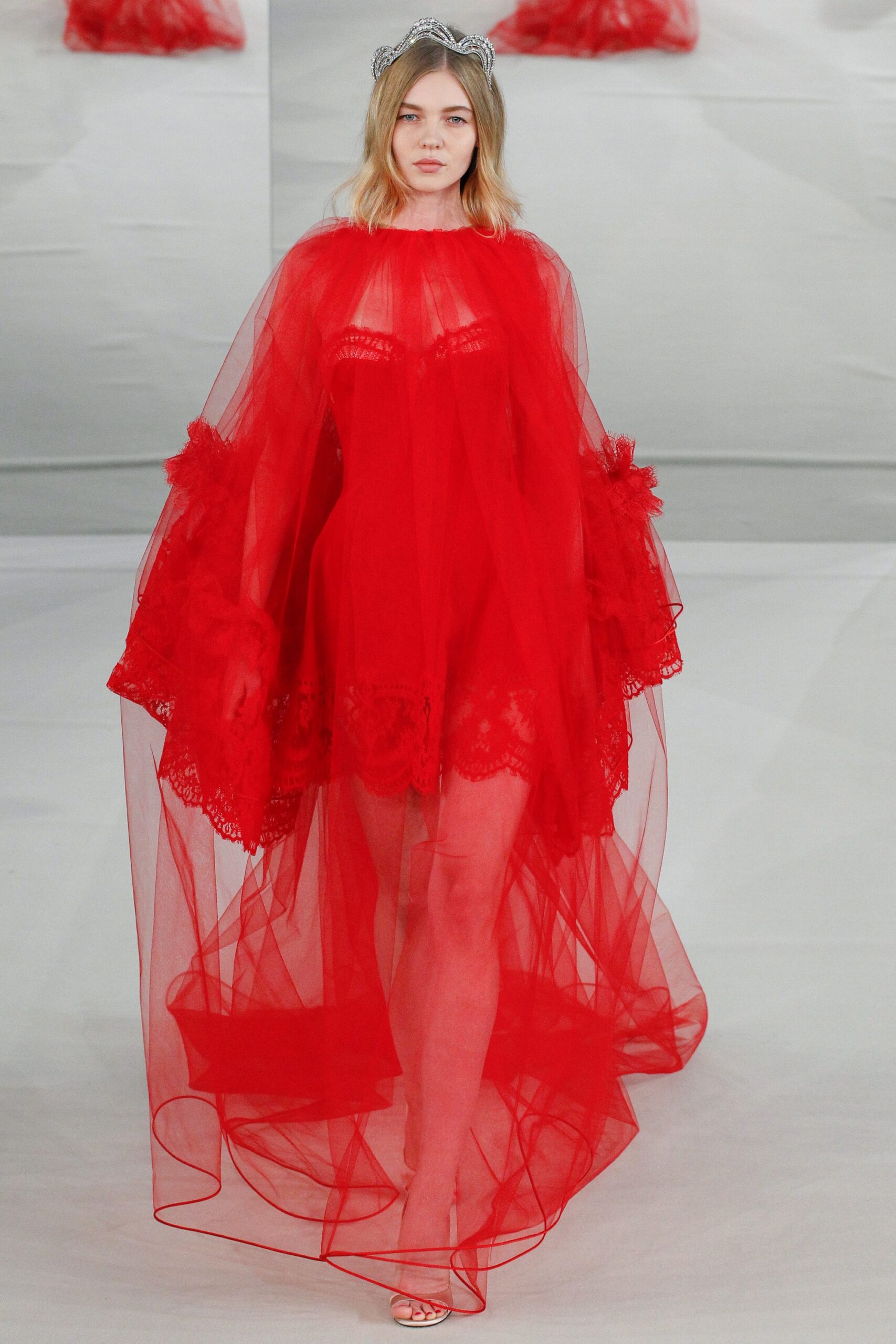 red tulle long-sleeve oversized layered sheer cape