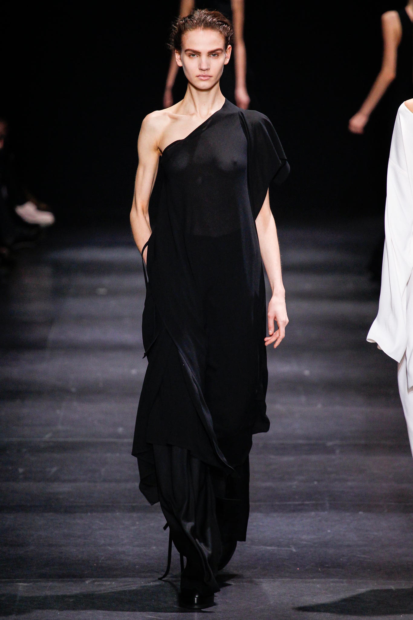 black asymmetric silk dress with relaxed pants