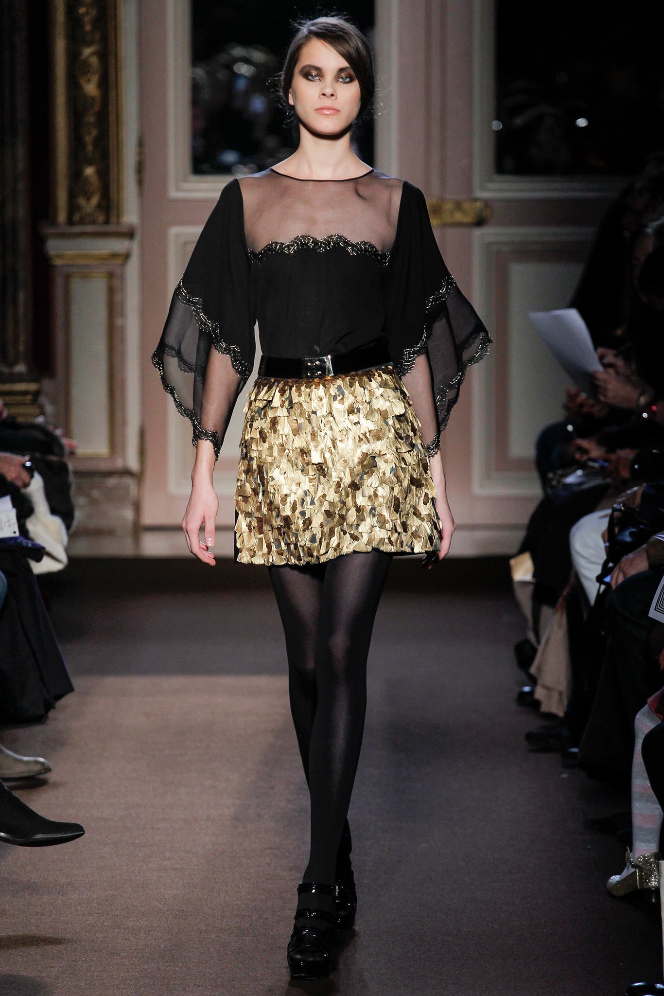 black silk long-sleeve v-neck fitted ruffled embellished blouse