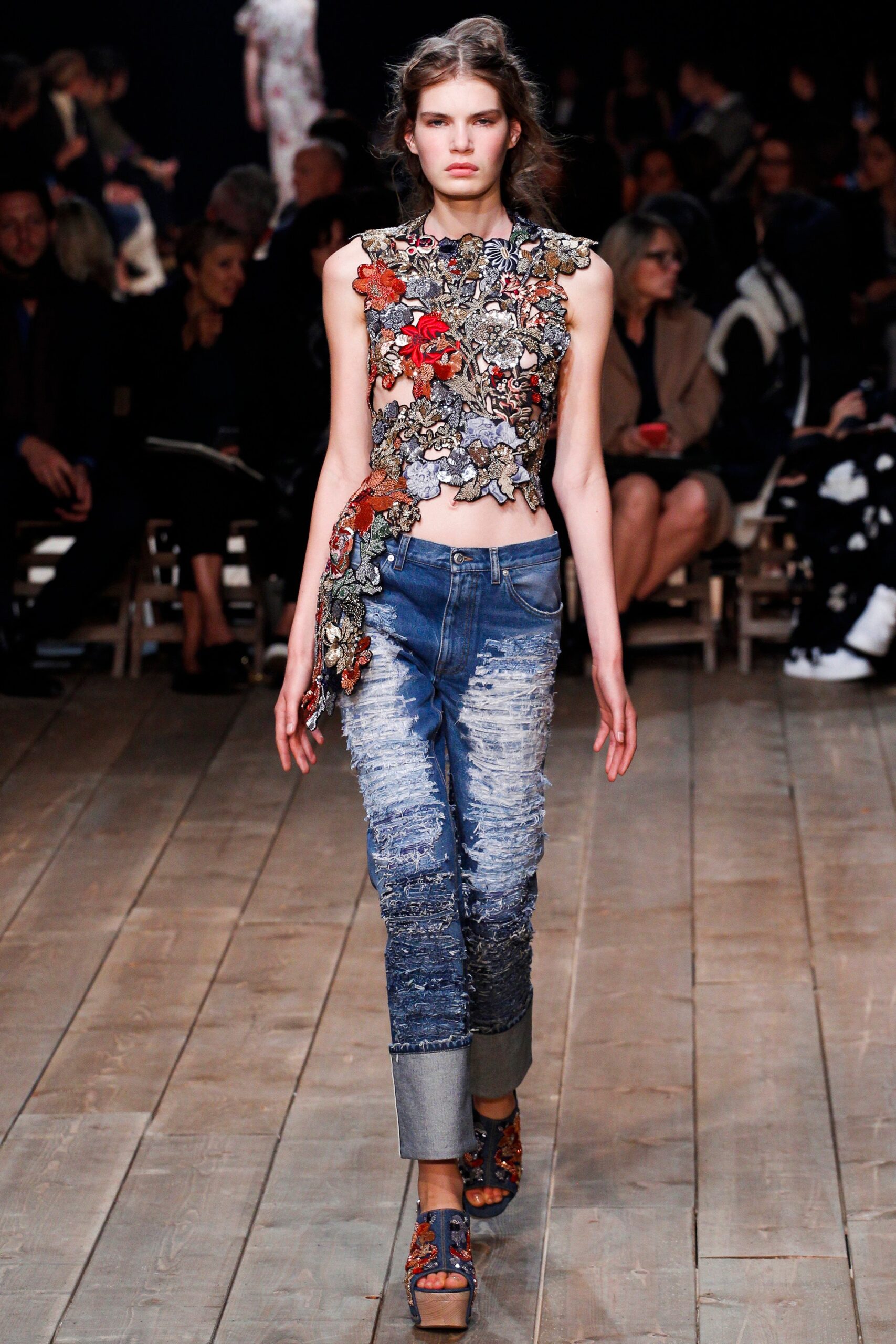 multi-colored embroidered top with jeans