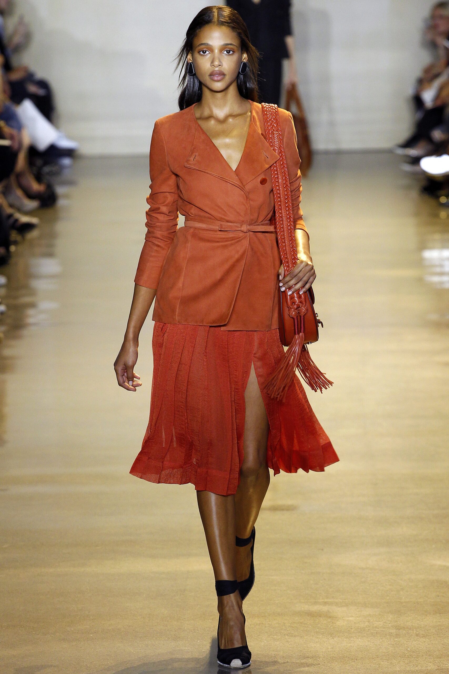 red suede blazer and skirt