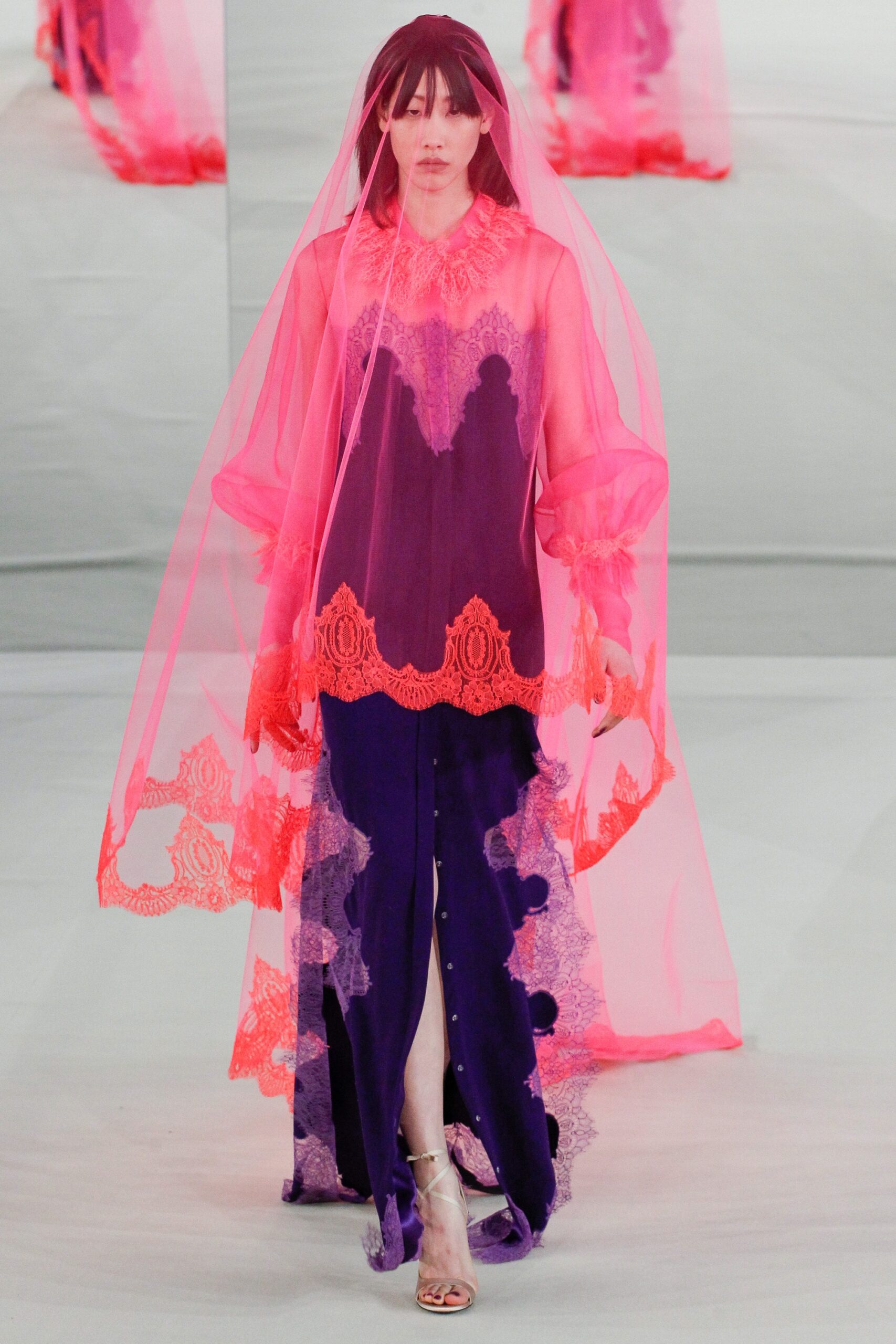 purple and pink layered dress with veil