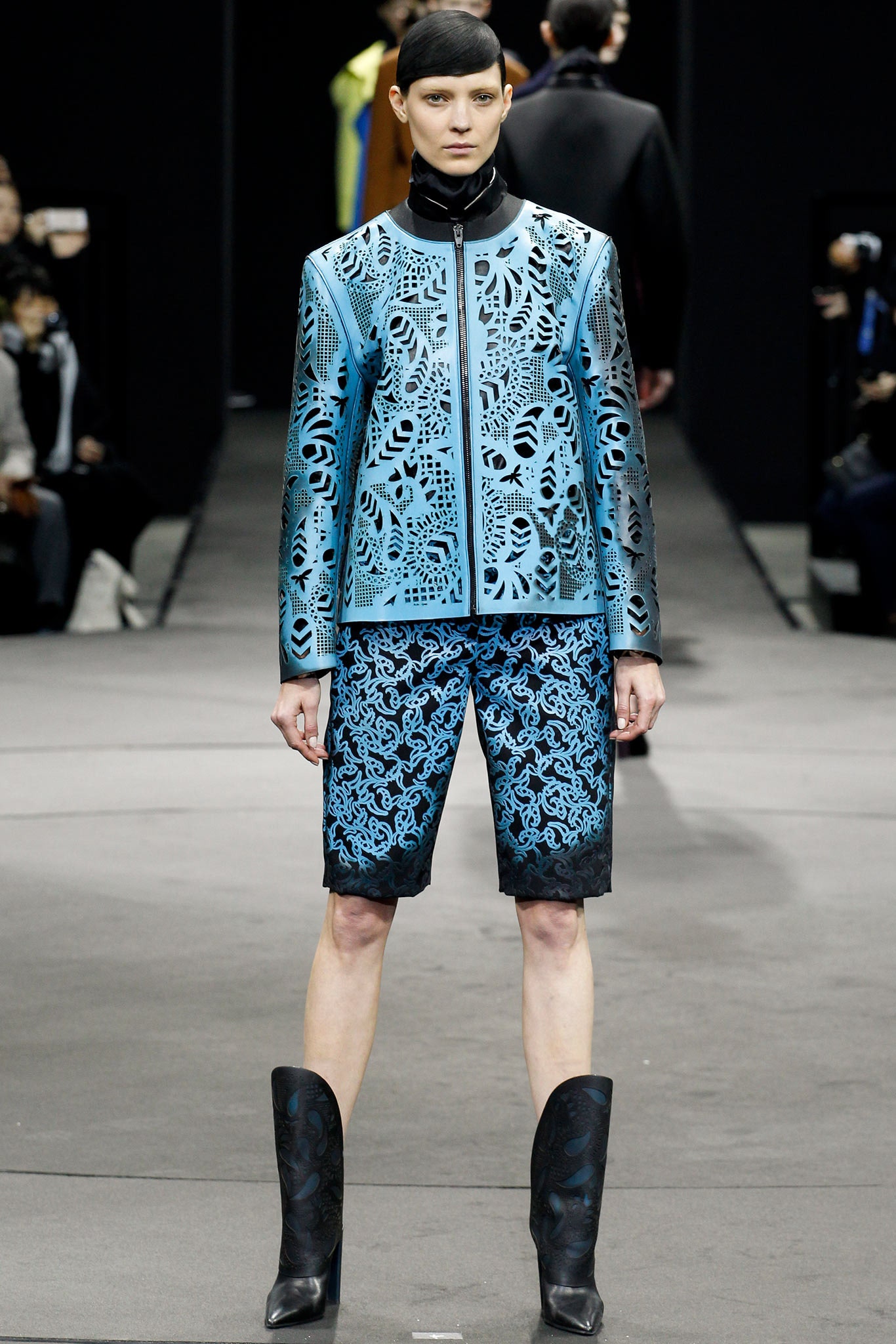 blue unknown long-sleeve collared structured zippered printed jacket
