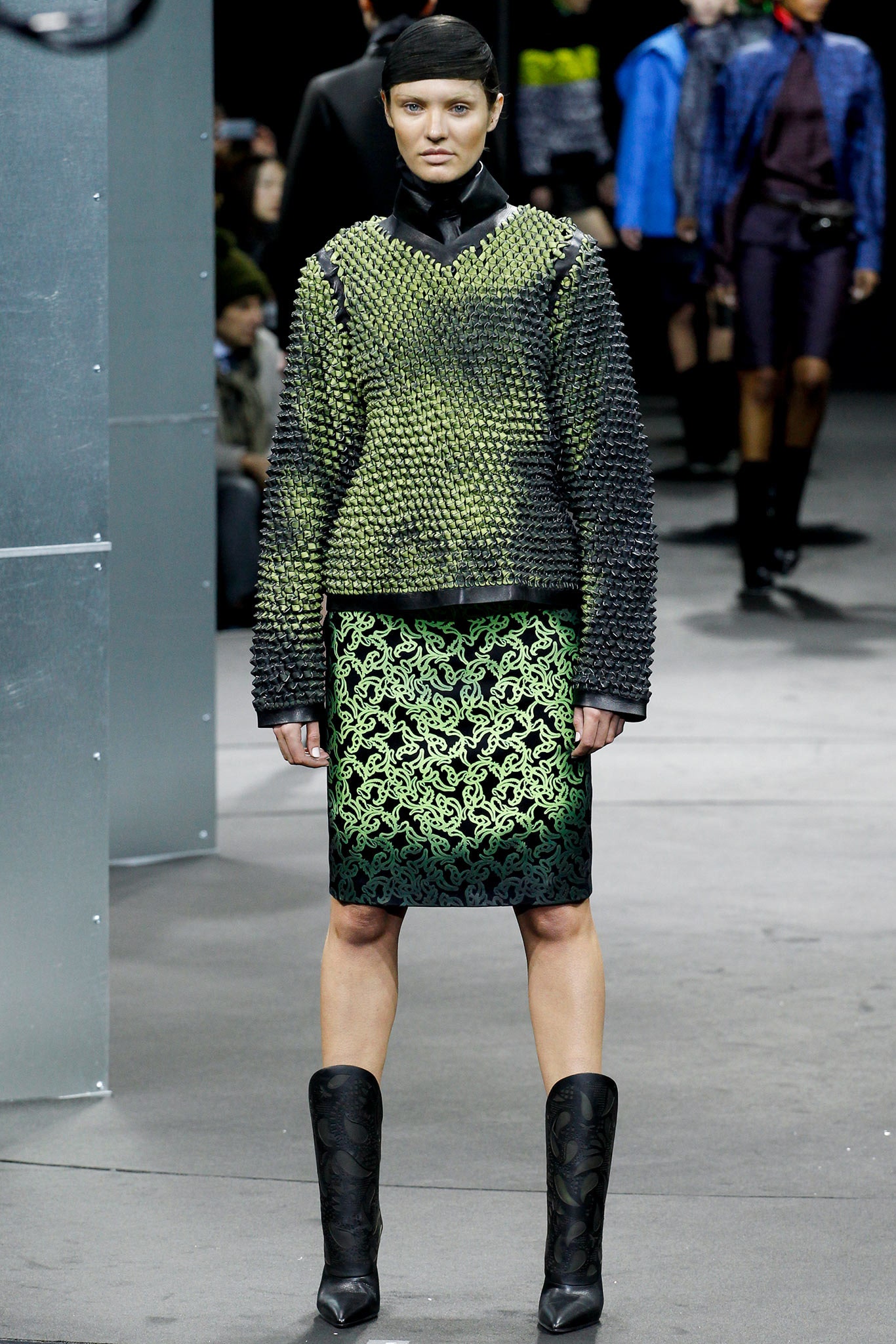green wool long-sleeve high-neck fitted textured top