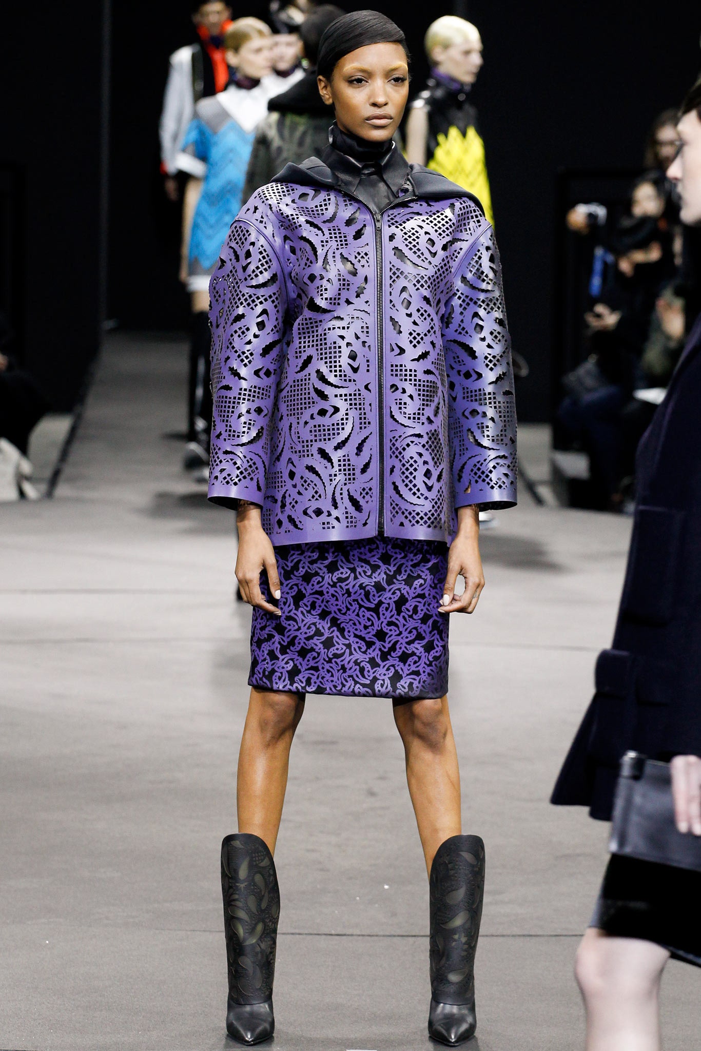purple vinyl long-sleeve collared fitted layered zippered jacket