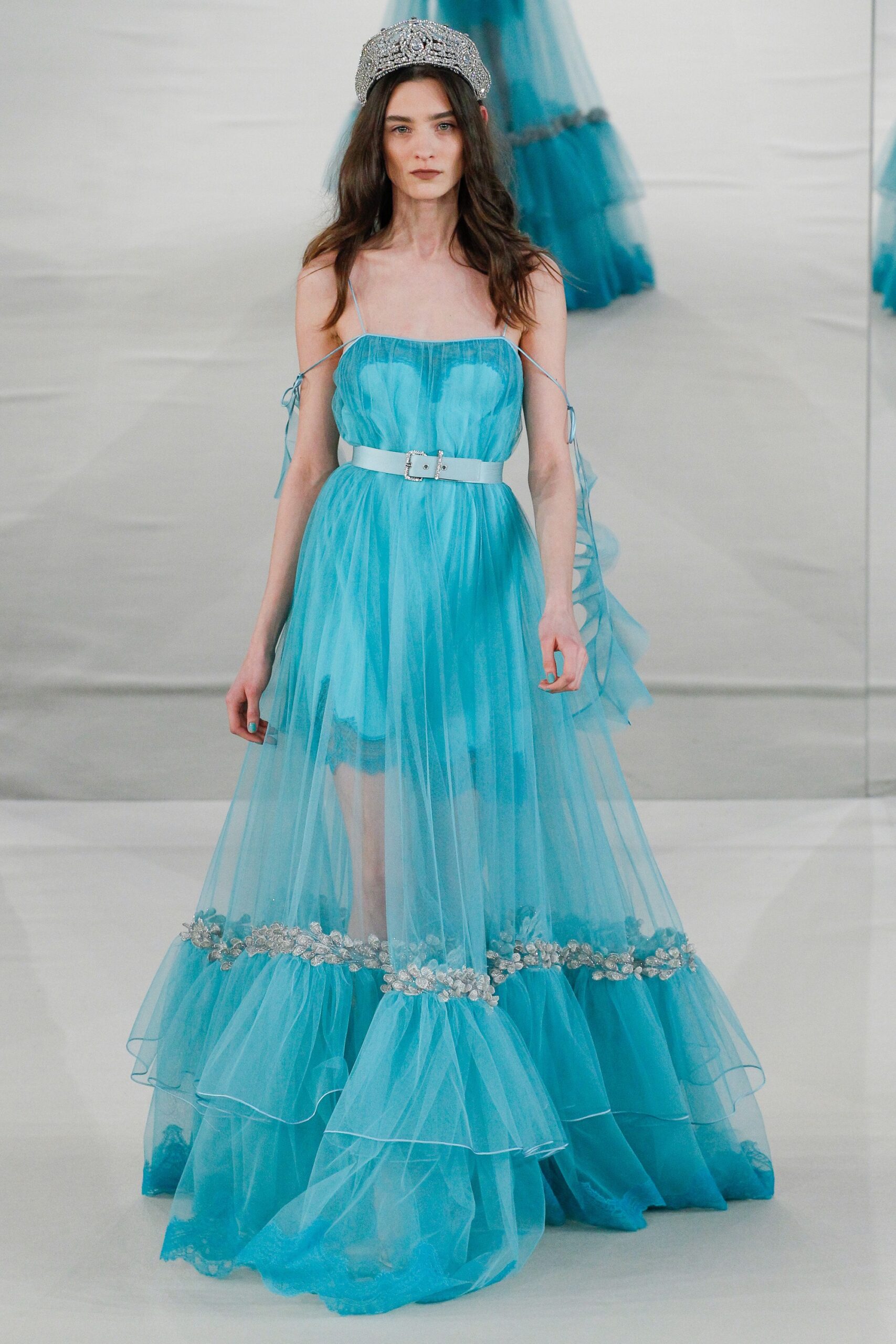 blue tulle strapless gown
