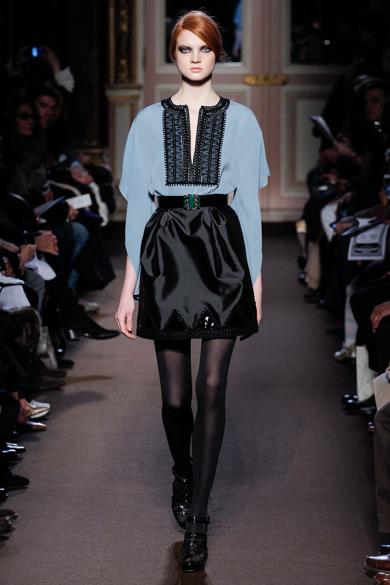 blue silk long-sleeve collared fitted embroidered blouse
