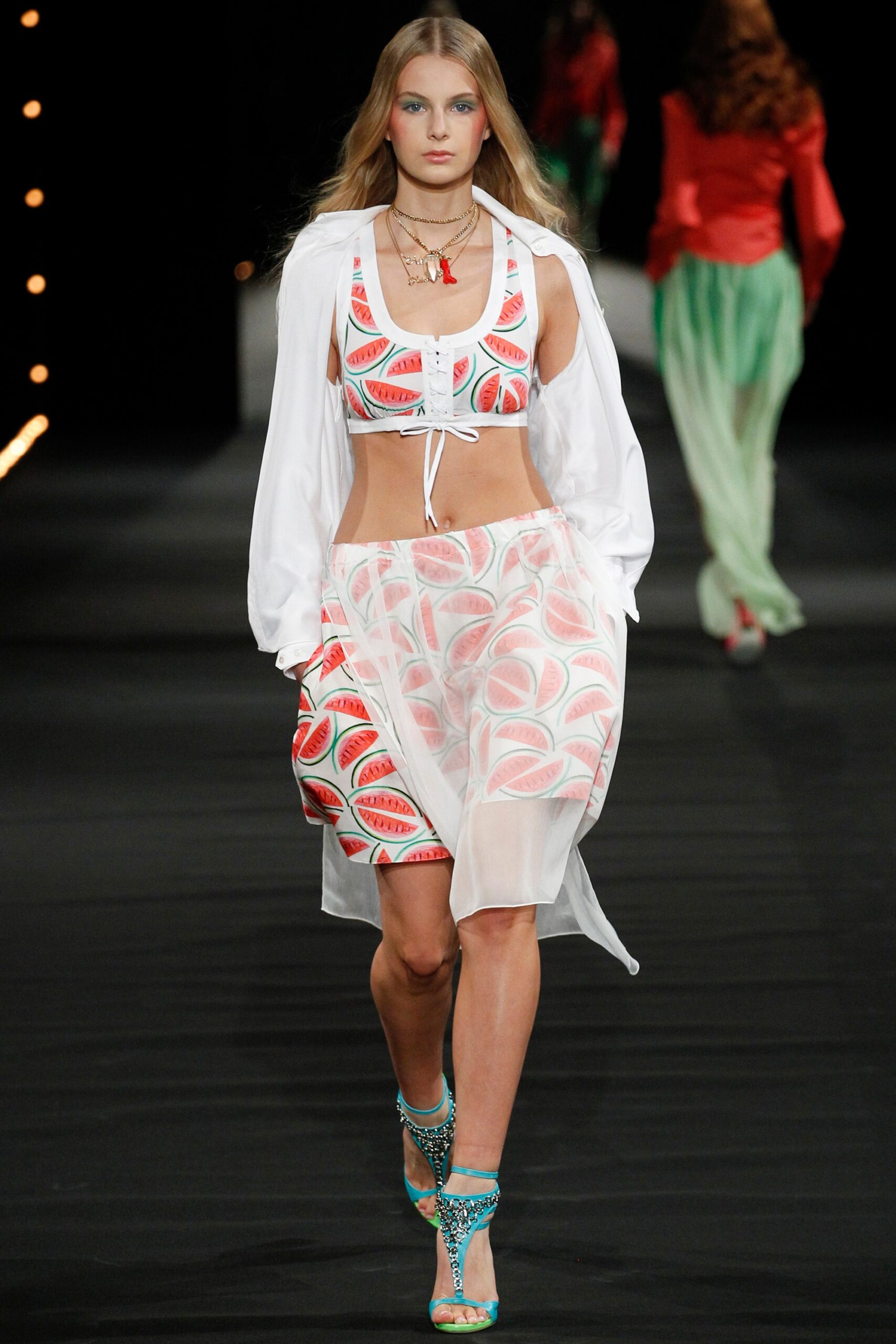 white sleeveless halter fitted printed bikini