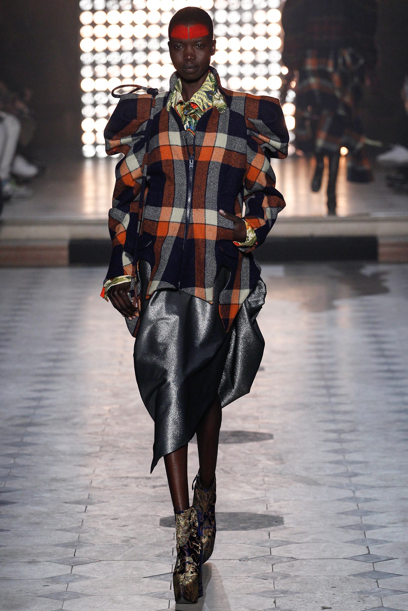 checked jacket with asymmetric skirt