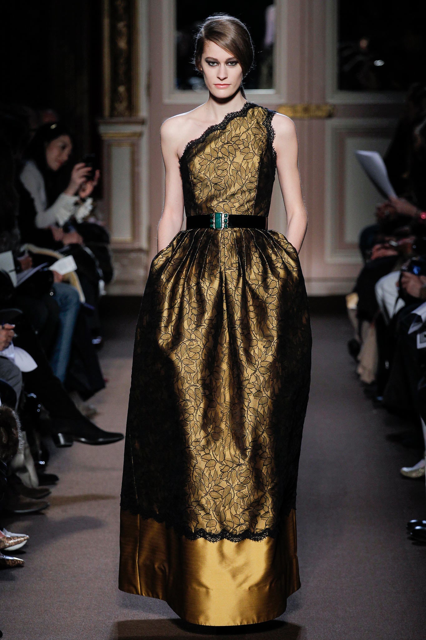 black and gold asymmetric gown