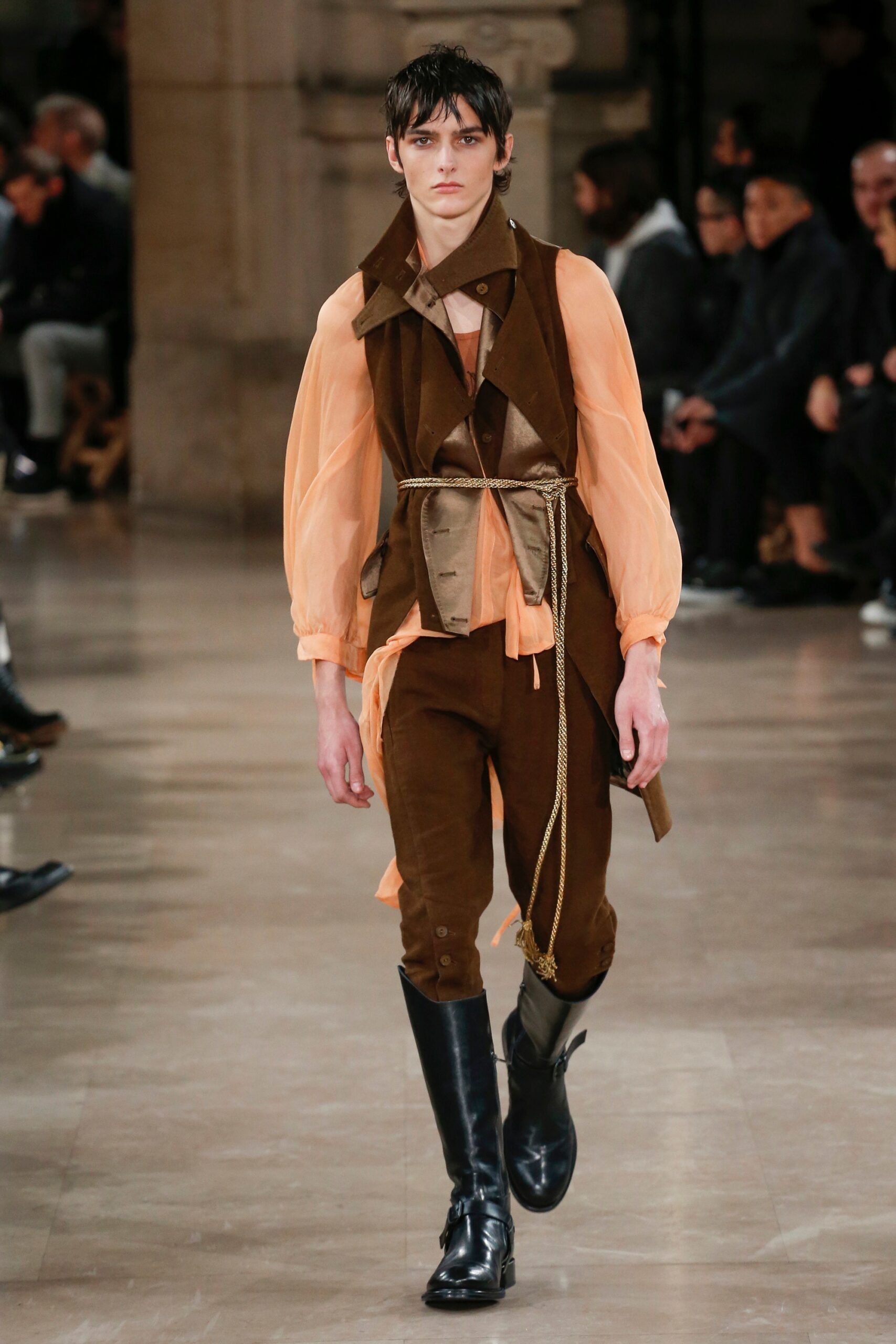 brown silk vest with orange shirt