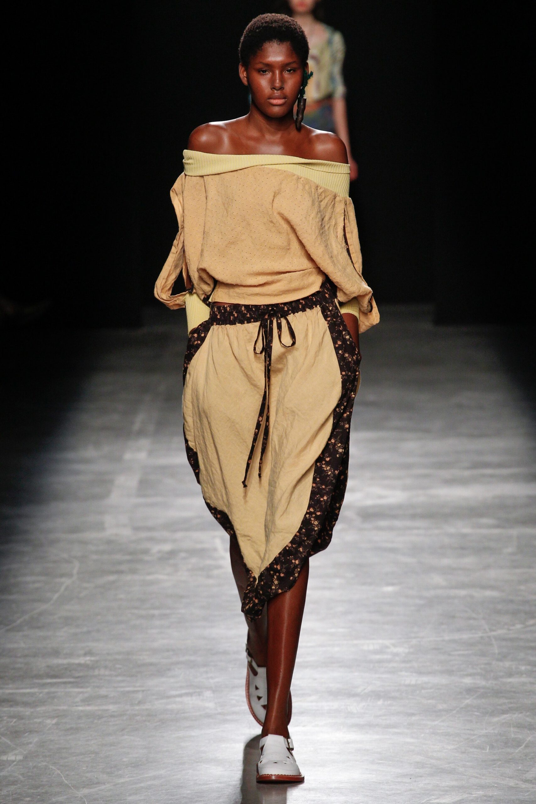 beige off-shoulder top and brown asymmetric skirt