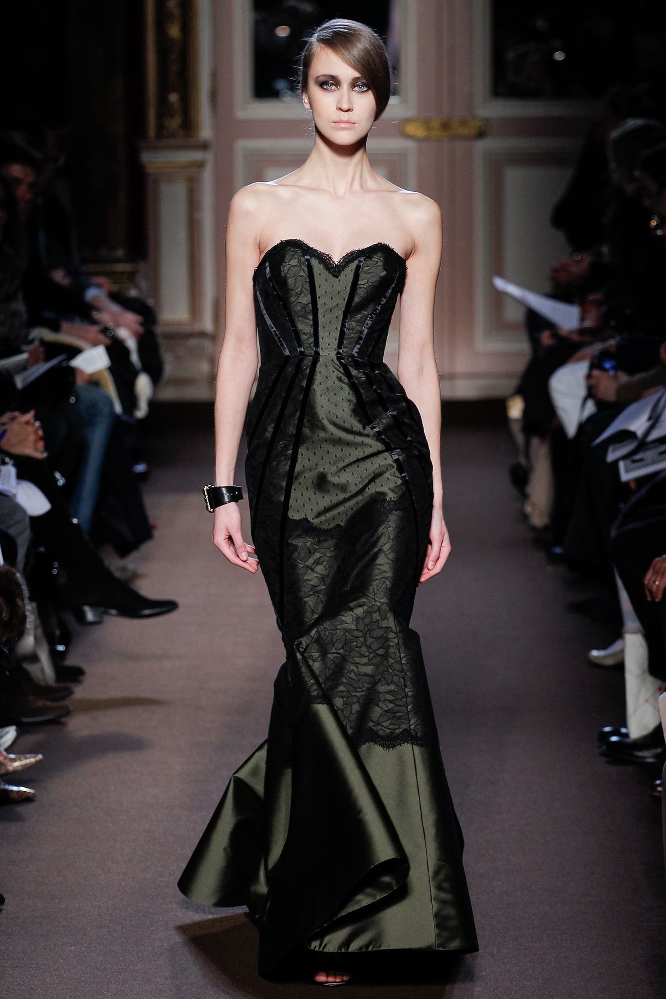 black and green strapless gown