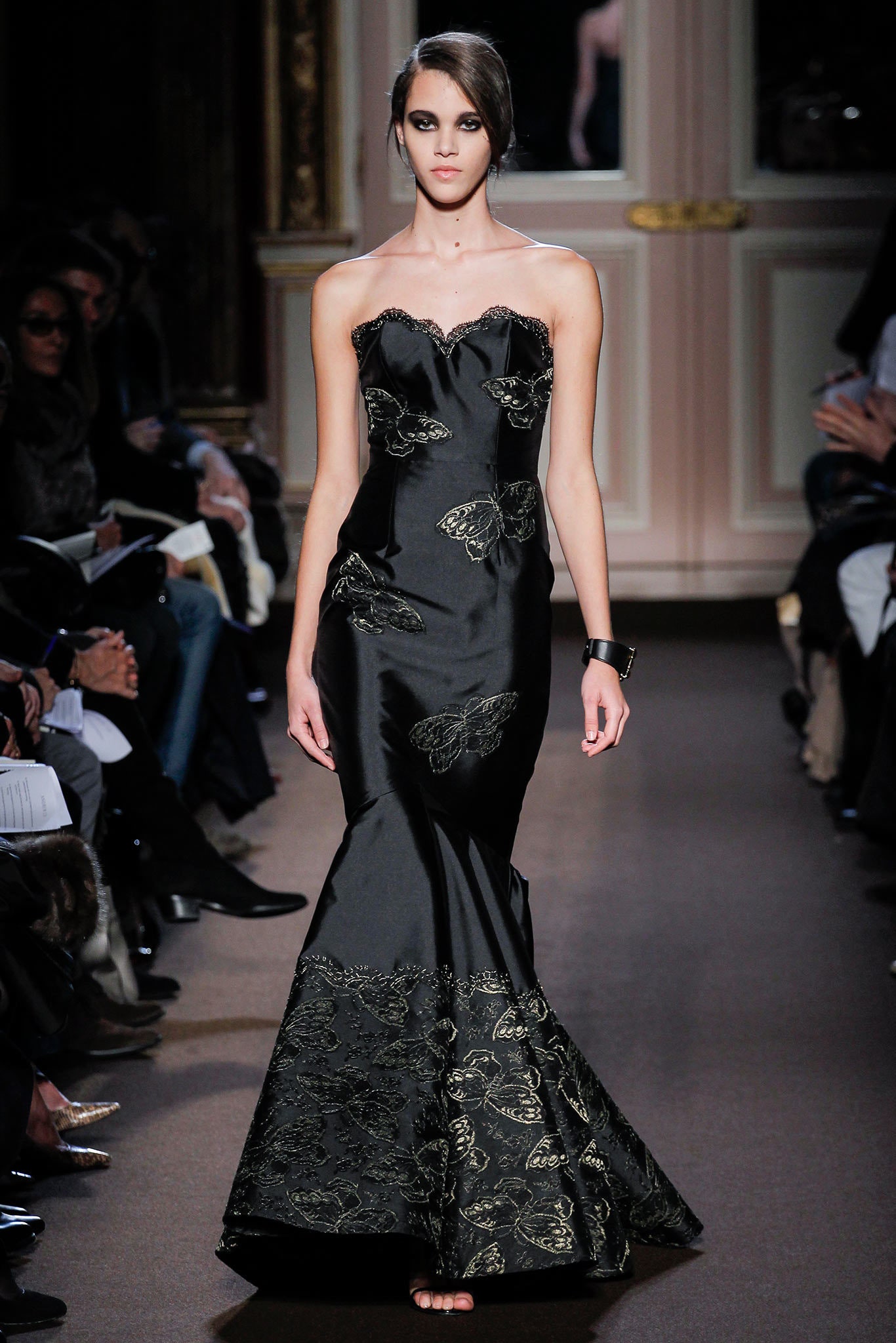 black silk strapless gown