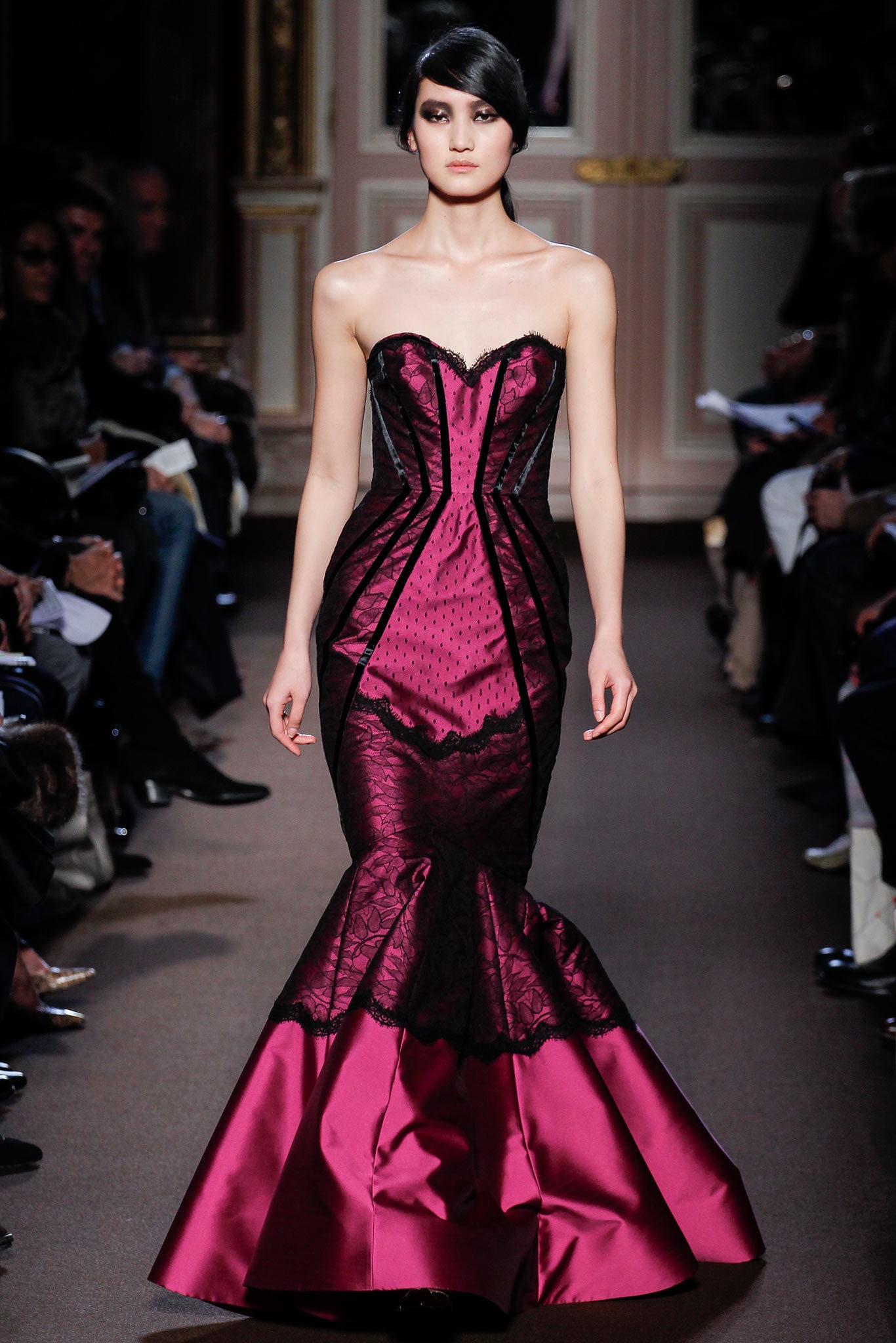 black and purple strapless gown