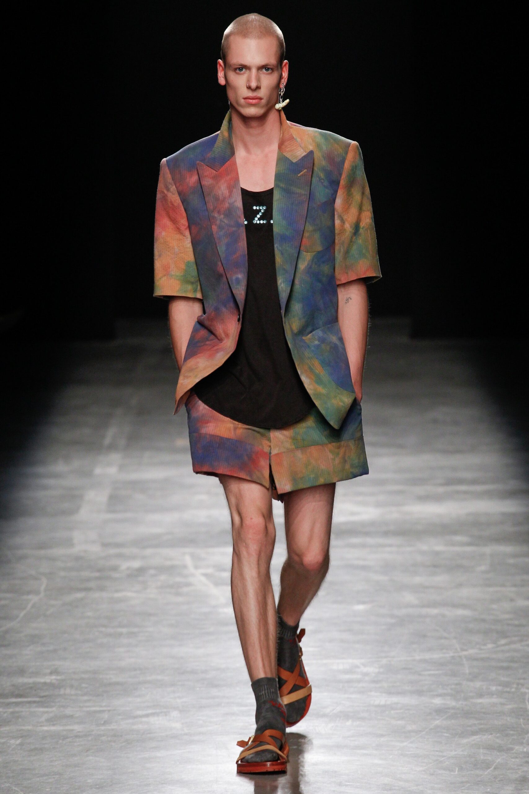 multi-colored tailored blazer and shorts