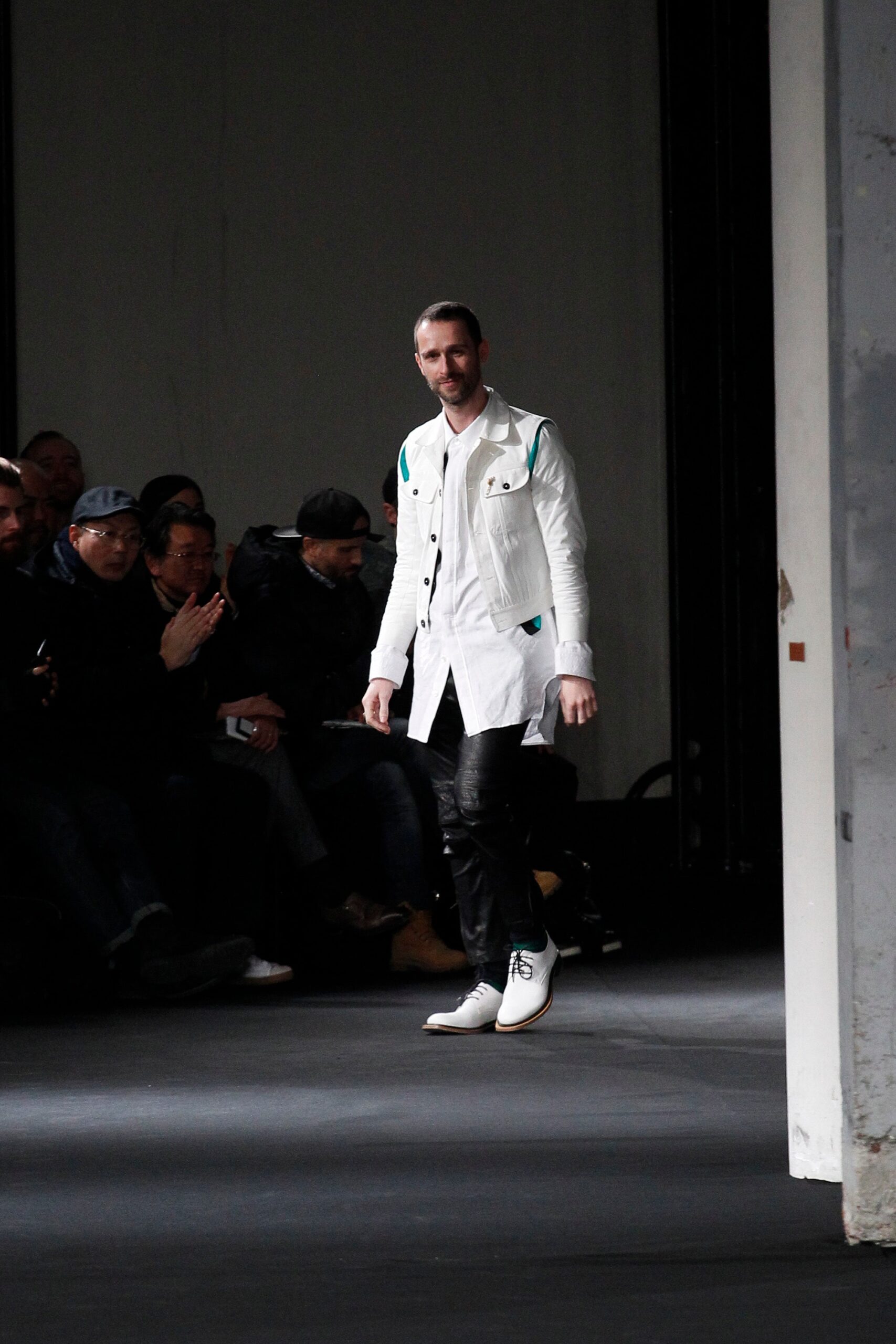 white fitted shirt with black pants