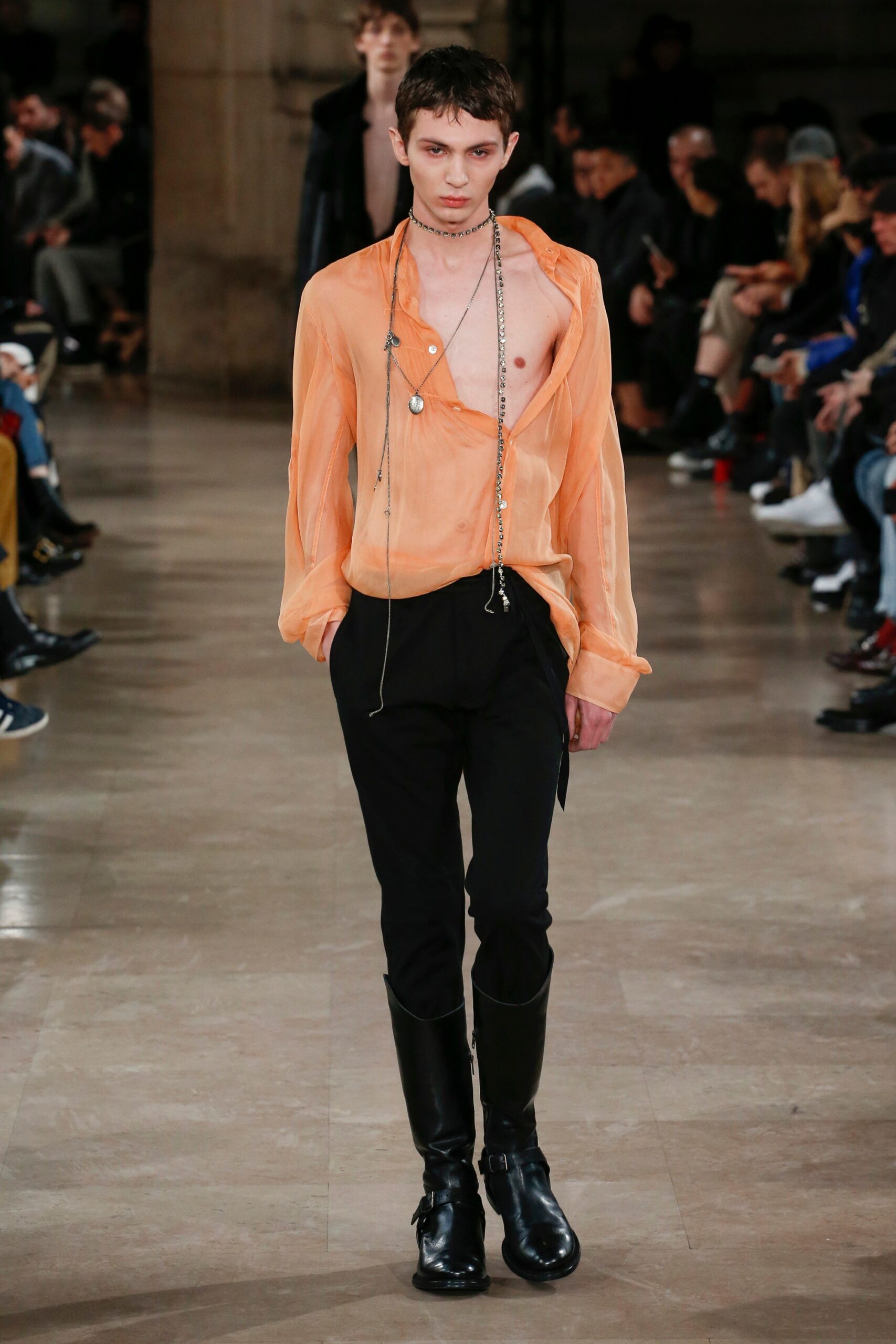 orange silk relaxed shirt with black pants