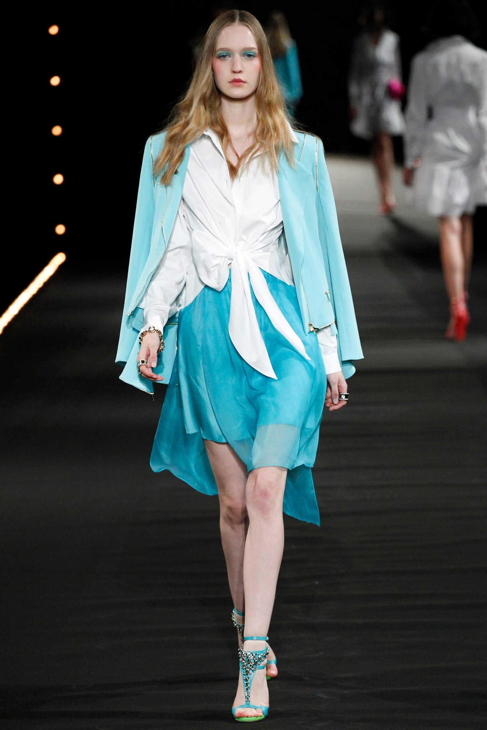 blue cotton long-sleeve collared tailored zippered jacket