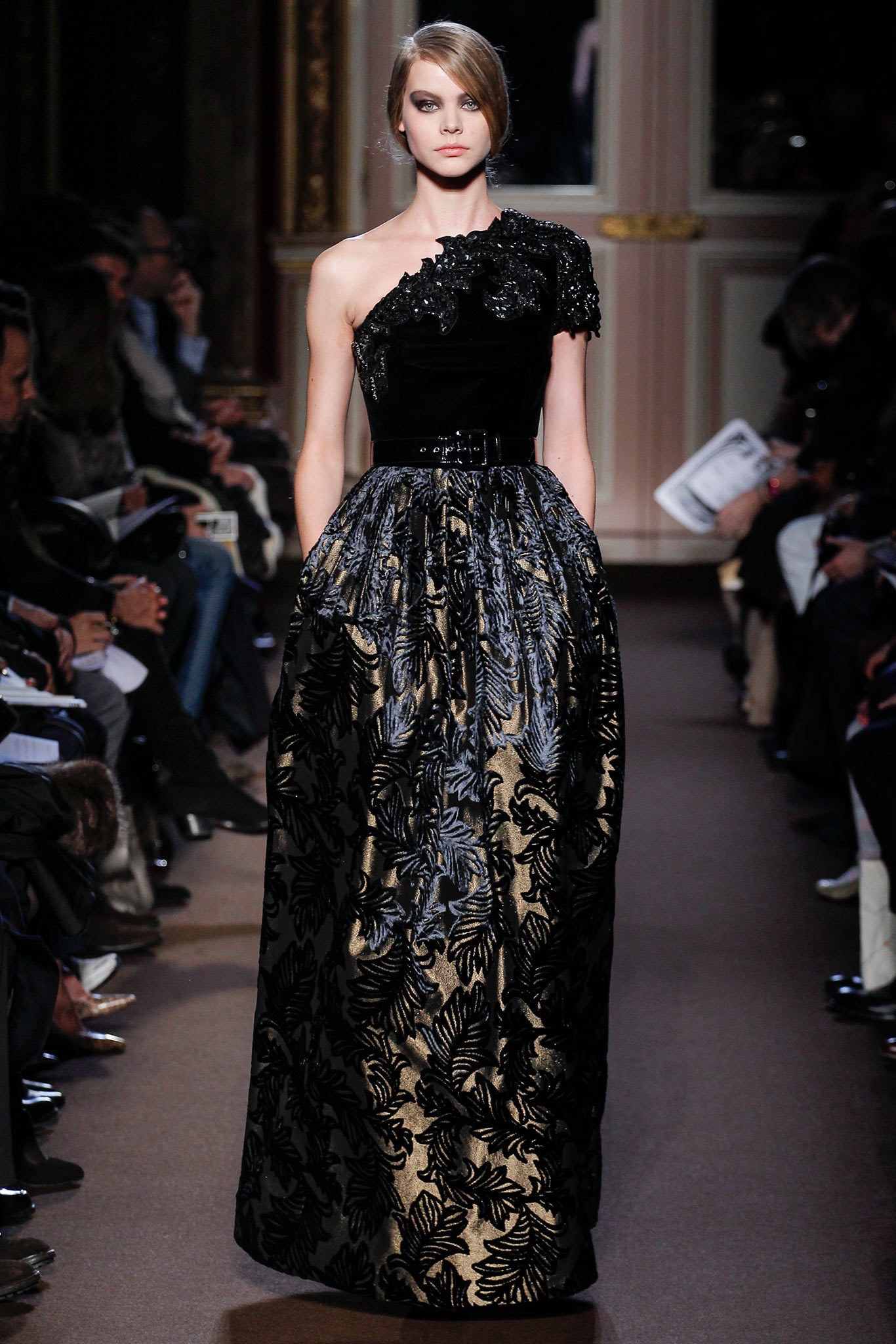 black and gold embroidered gown