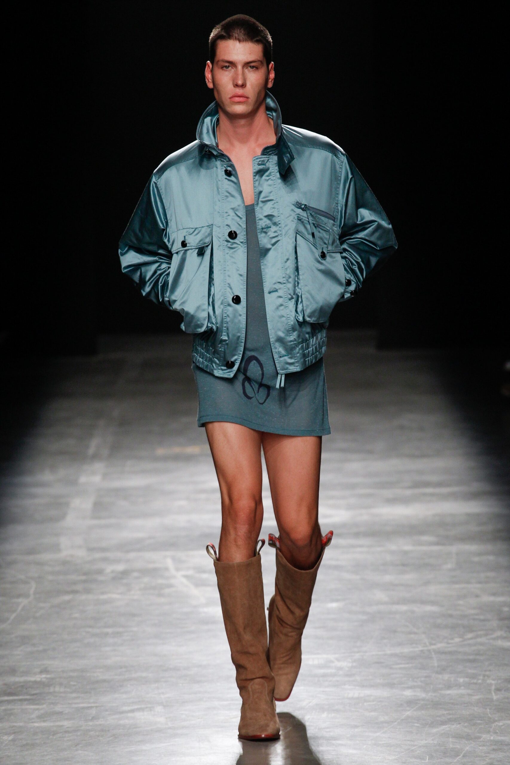 blue silk jacket gray mini dress