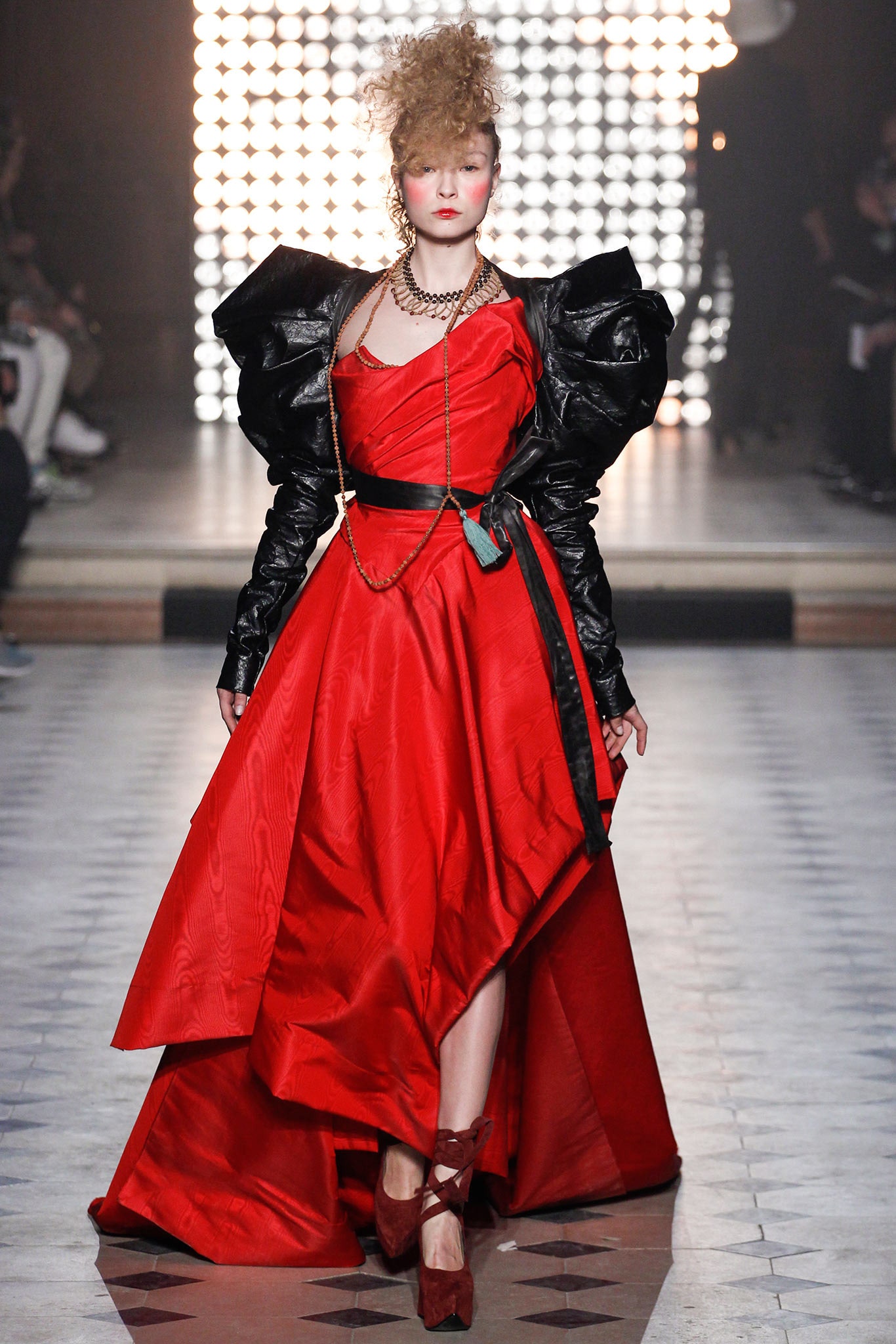 red silk midi dress with black leather jacket