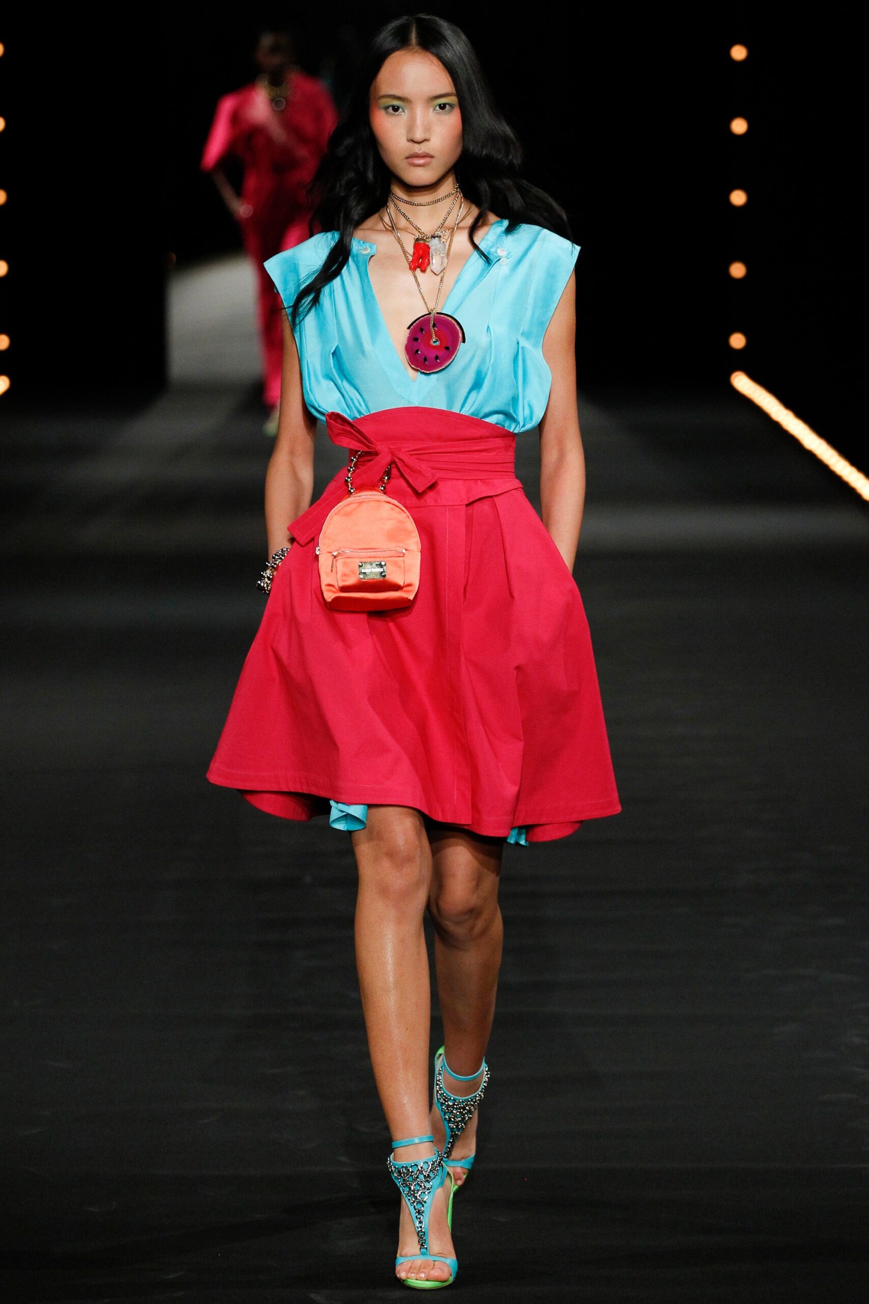 blue and pink sleeveless mini dress