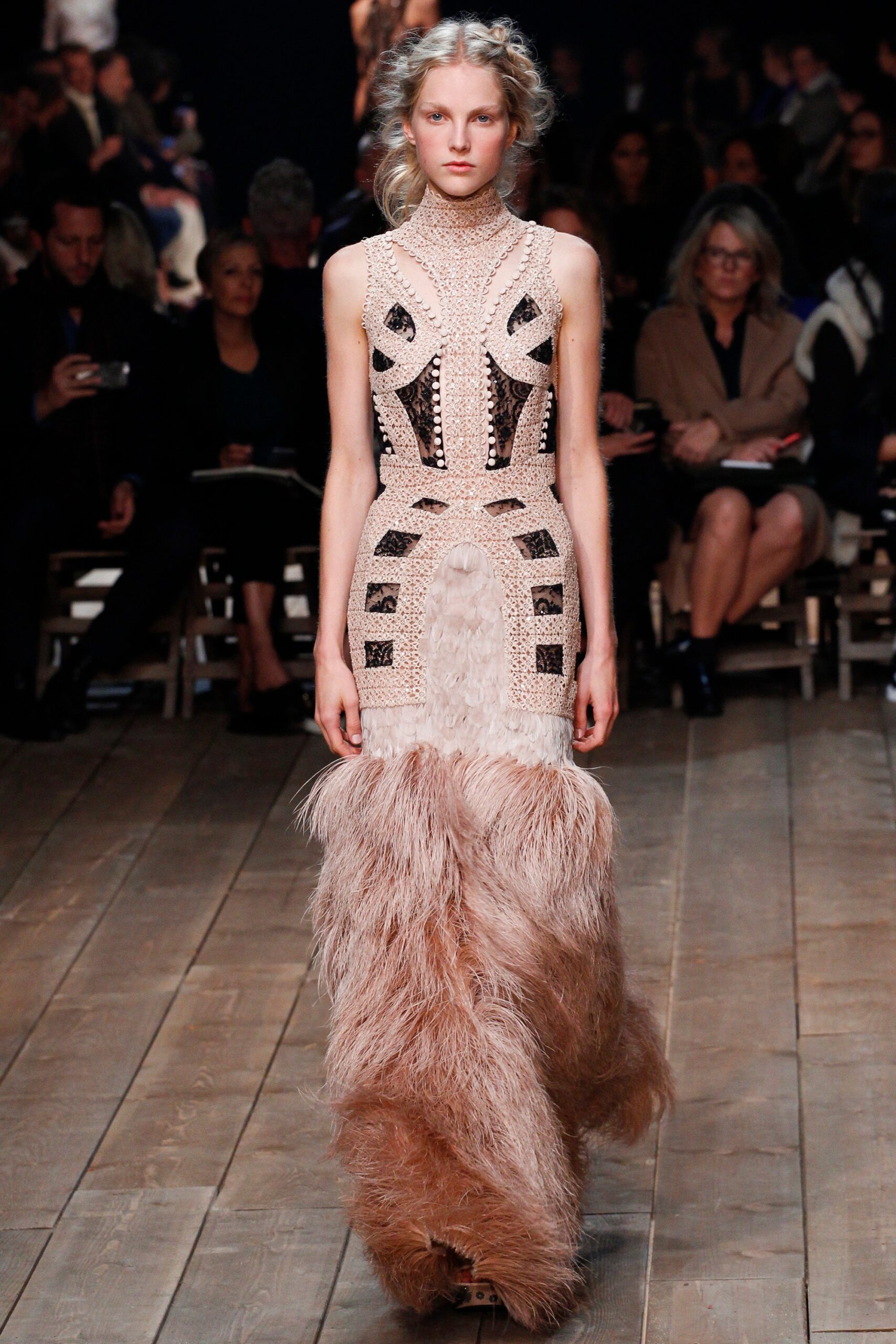 beige silk gown with fur