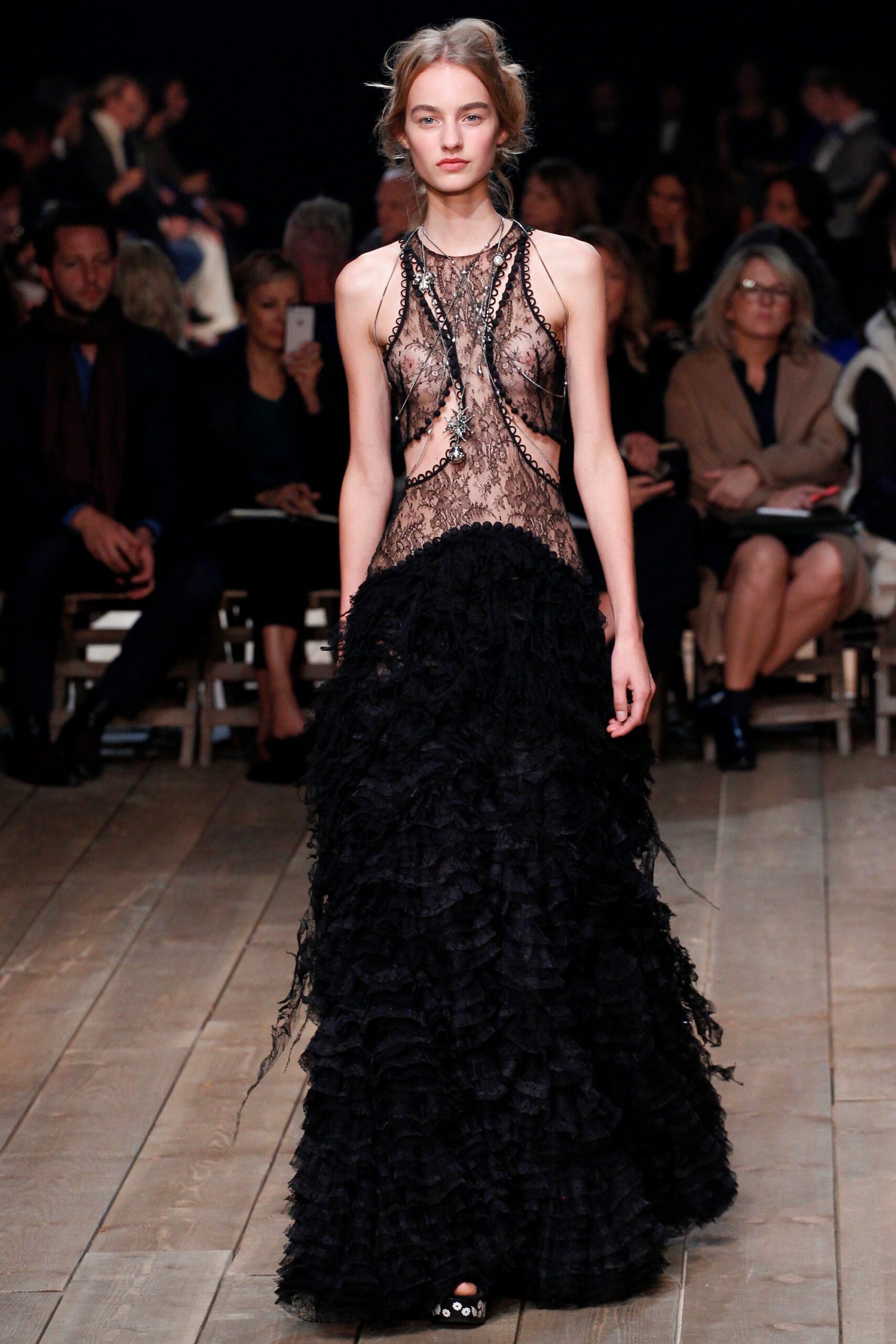 black lace ruffled gown