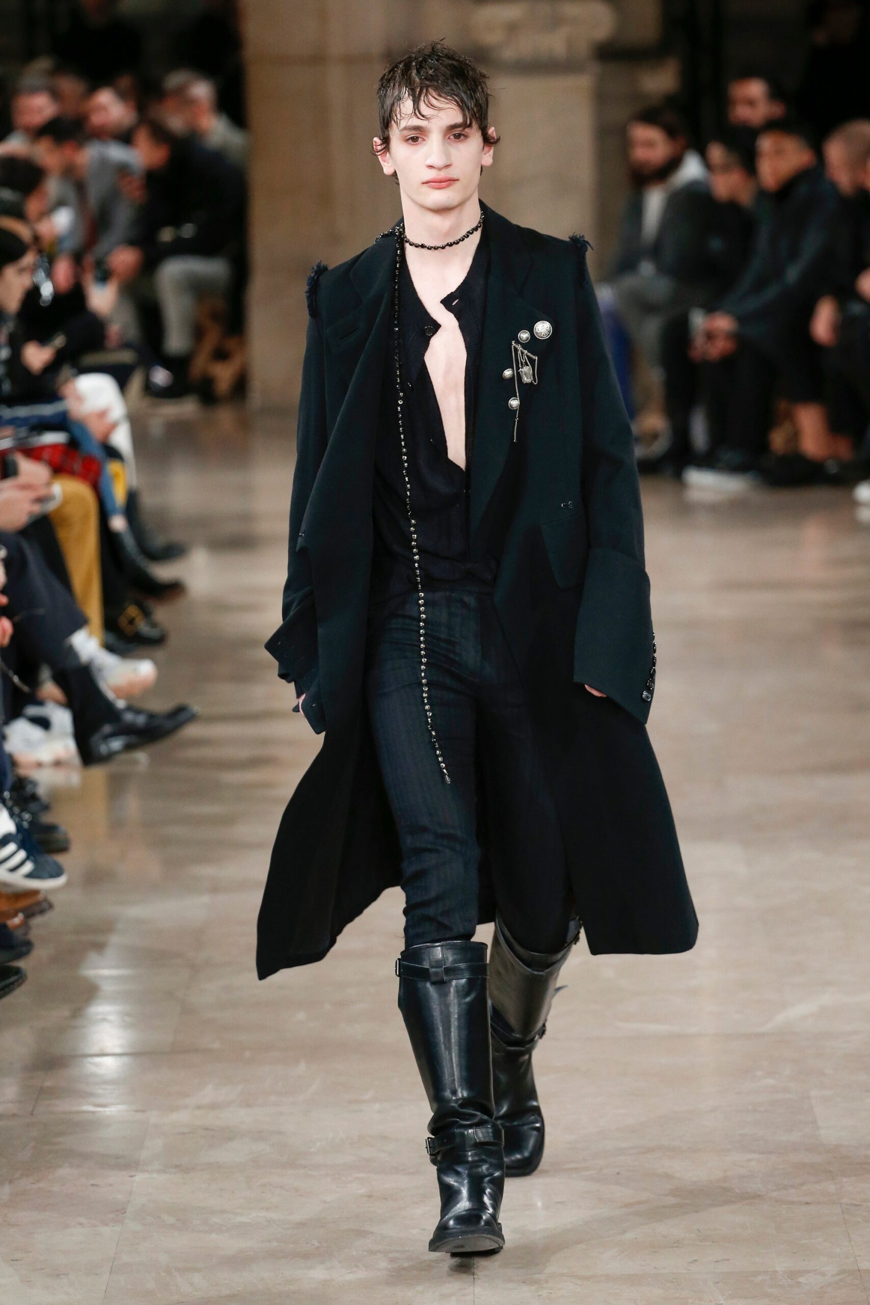 black wool coat with fitted shirt