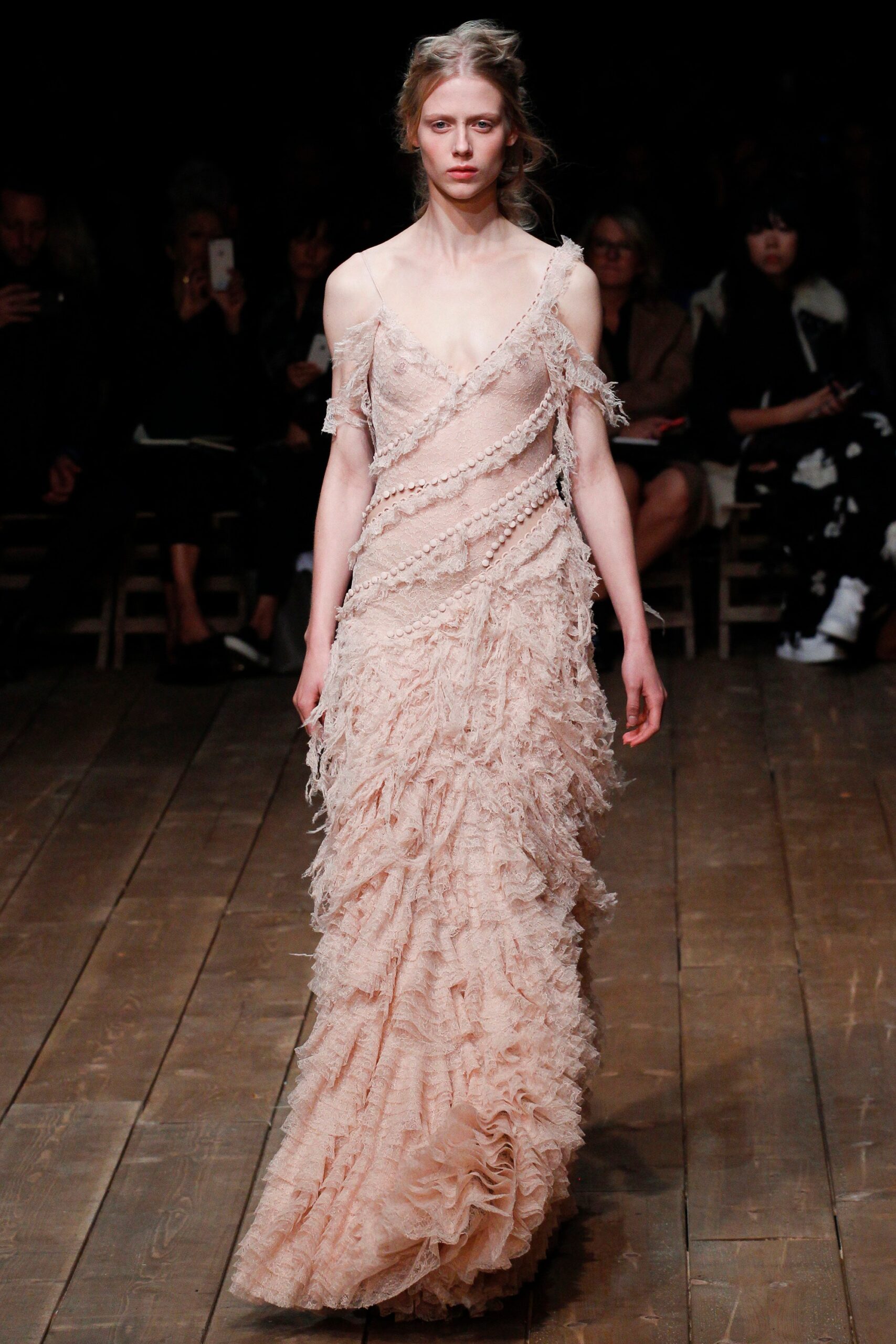 pink silk off-shoulder gown