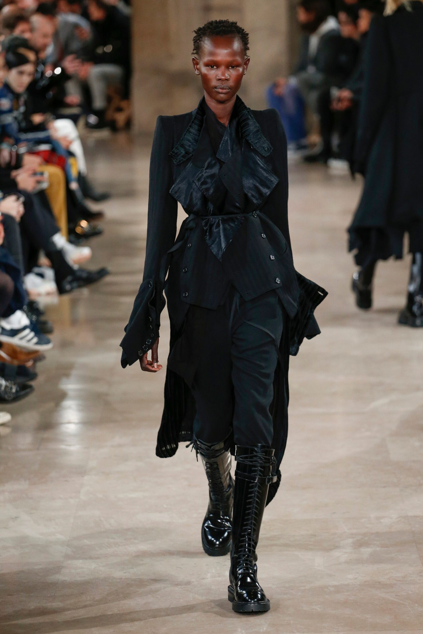 black ruffled midi dress with boots