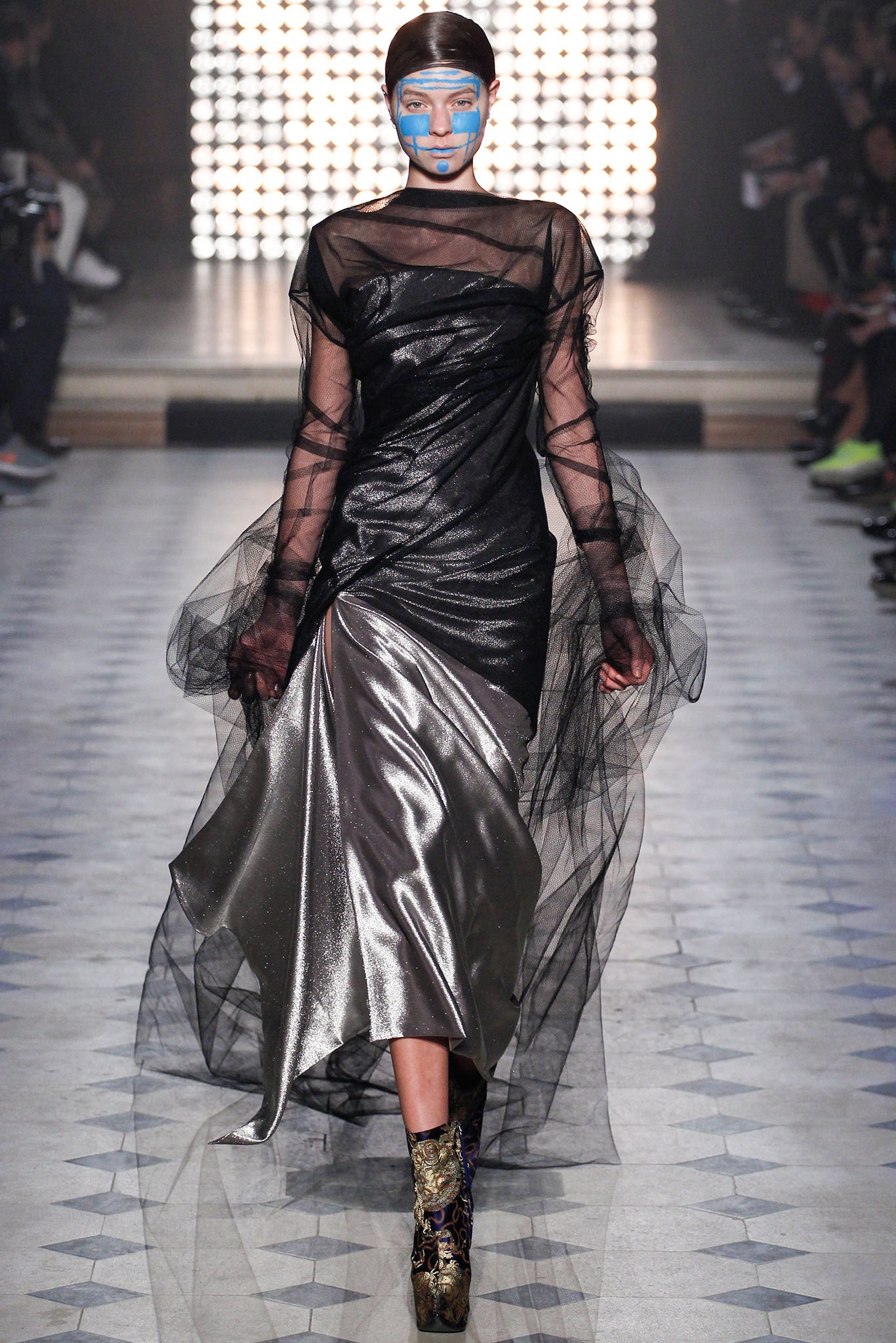 black and silver draped midi dress