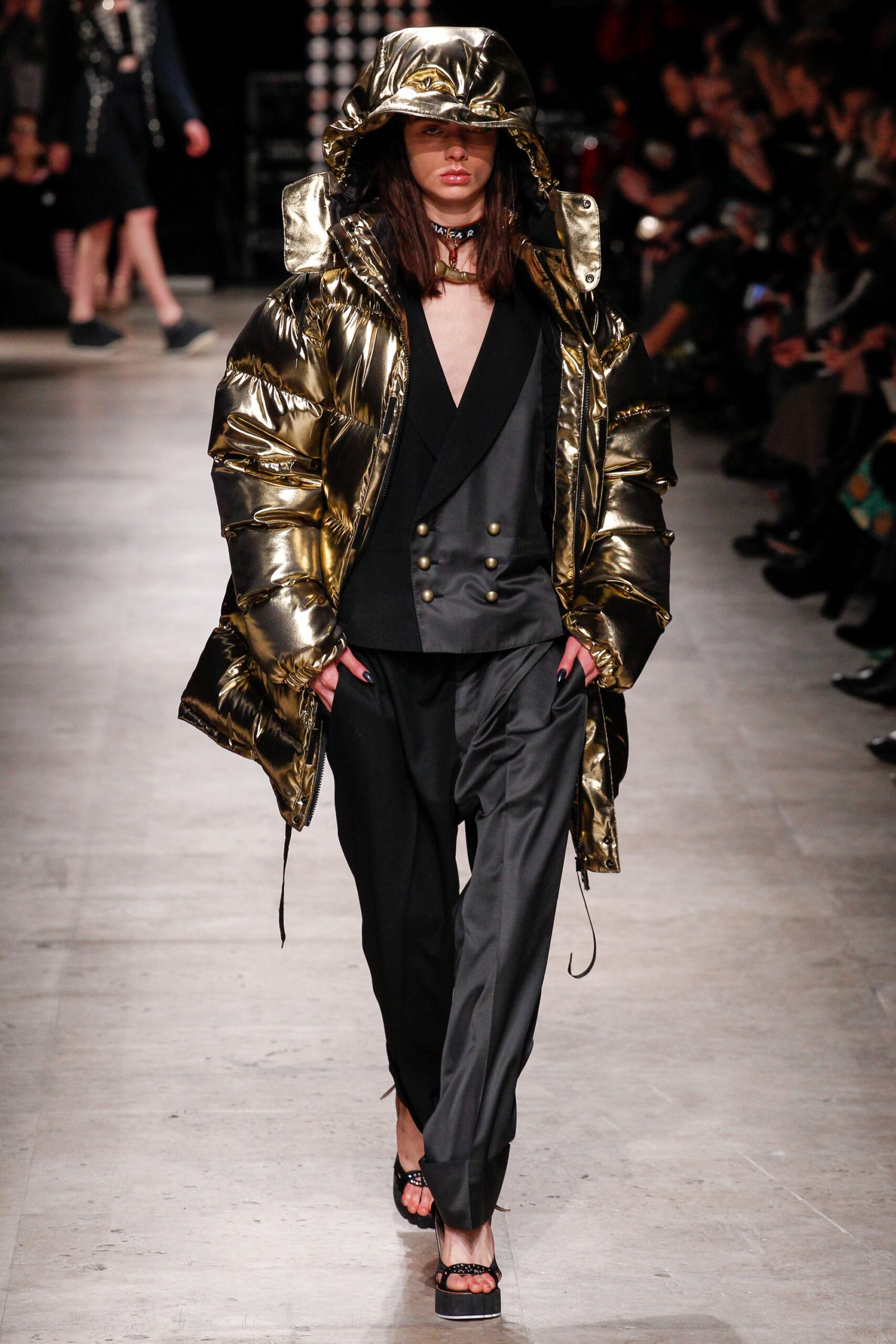 gold vinyl long-sleeve hooded relaxed zippered padded coat