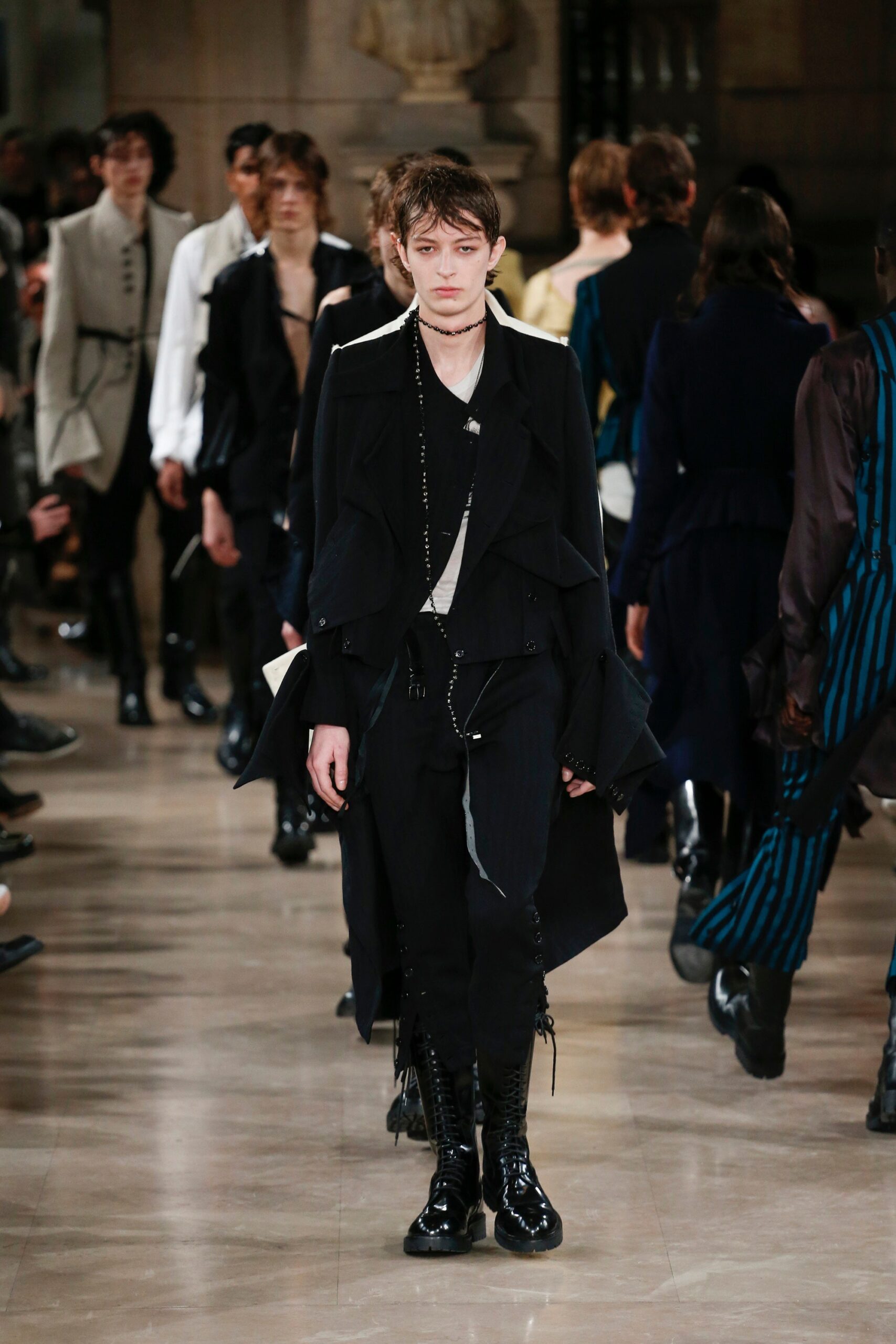 black wool coat with slim pants